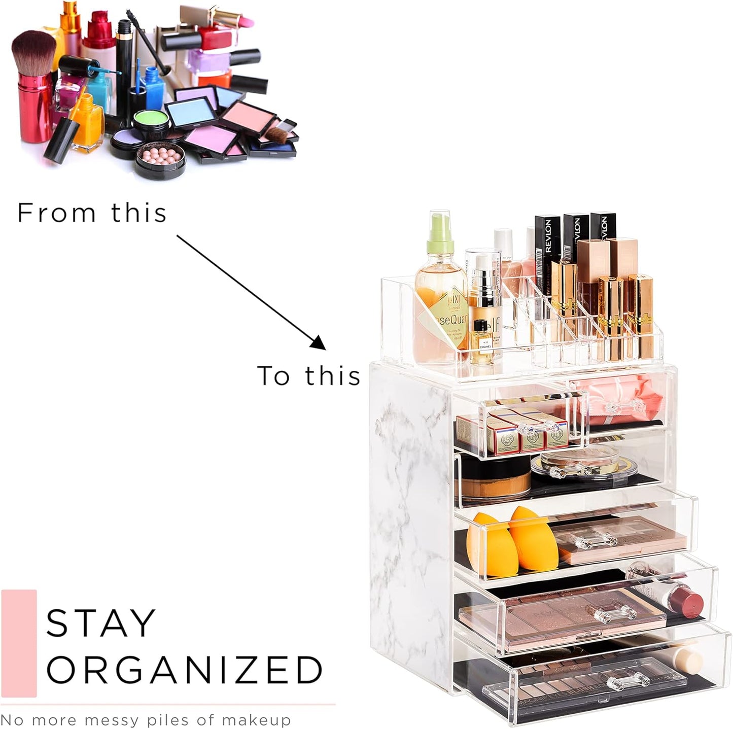Clear Cosmetic Makeup Organizer - Make up & Jewelry Storage, Case & Display - Spacious Design - Great Holder for Dresser, Bathroom, Vanity & Countertop (4 Large, 2 Small Drawers - Marble Print)