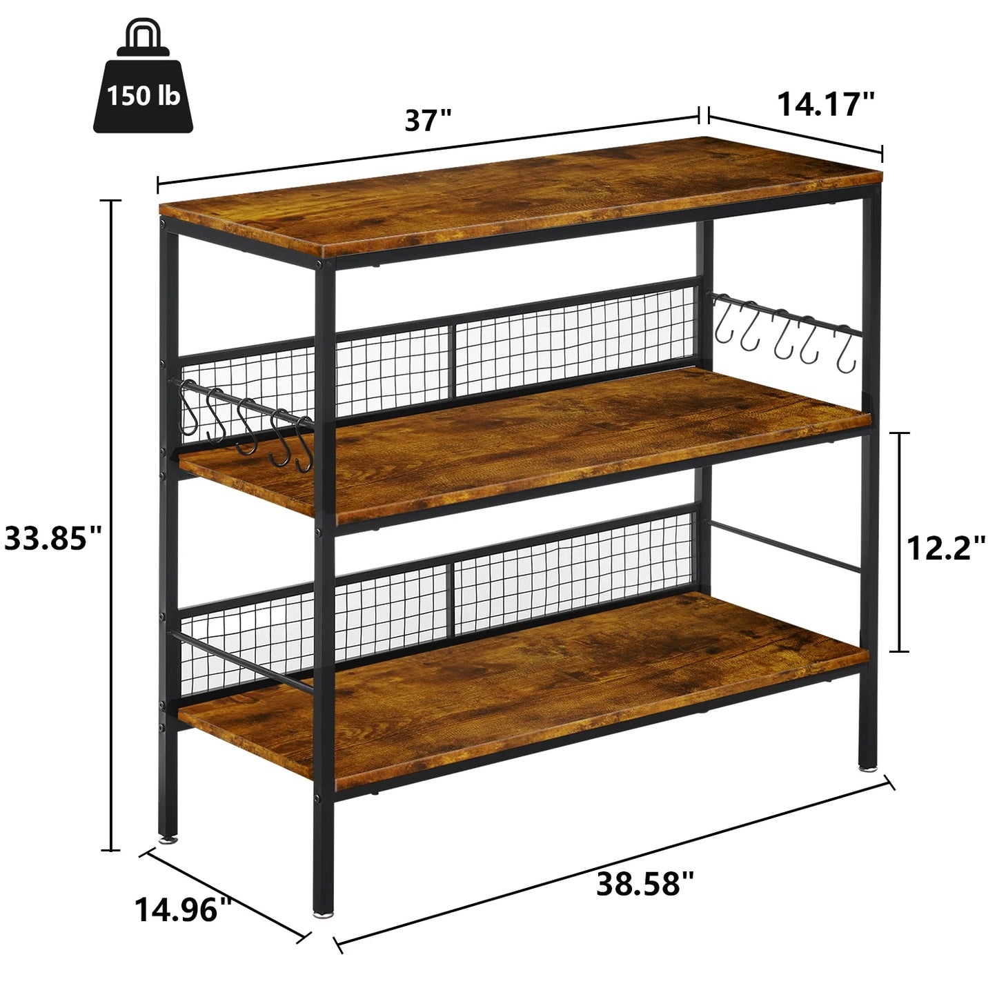 3-Tier Rolling Cart Microwave Stand with 10 Hooks, Coffee Bar Kitchen Storage Rack Organizer, Rustic Brown