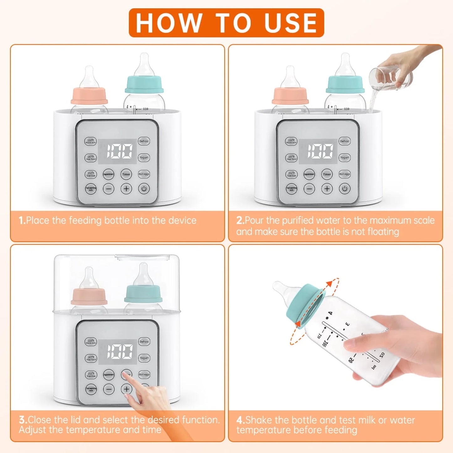 Baby , 9-In-1 Portable with LCD Display, Double Bottles Fast Milk Warmer, White