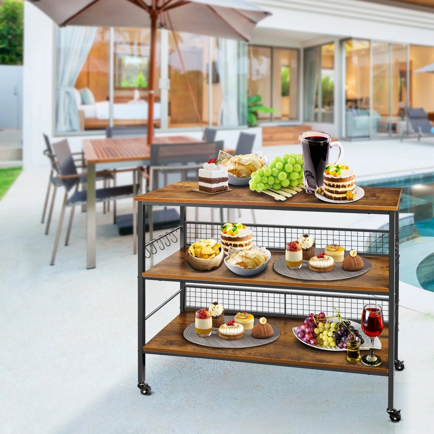 3-Tier Rolling Cart Microwave Stand with 10 Hooks, Coffee Bar Kitchen Storage Rack Organizer, Rustic Brown