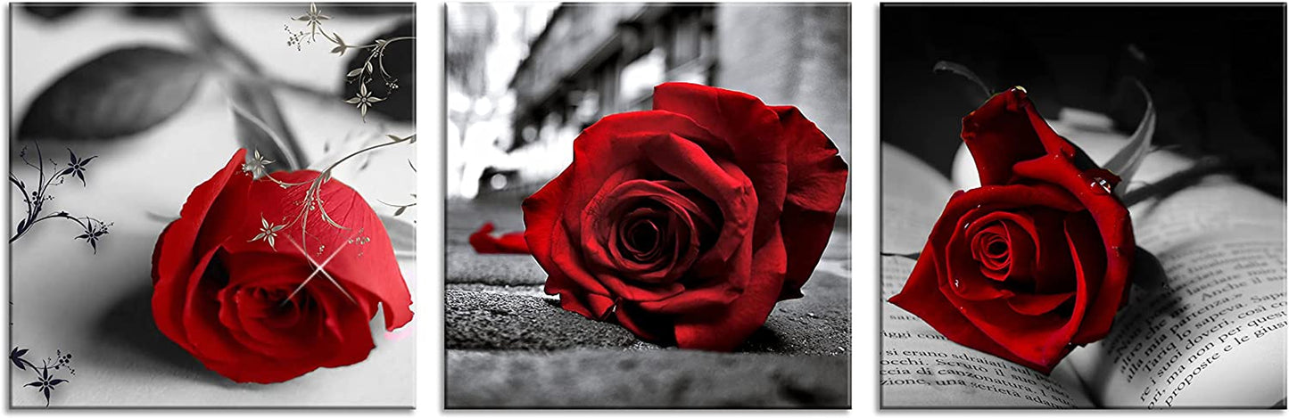 3 Pcs Red Rose Canvas Art Black and White Red Wall Art Flower Picture Prints on Canvas Stretched and Framed Triptych 12"X12" Floral Decor Canvas Art for Home Decor Living Room Bedroom