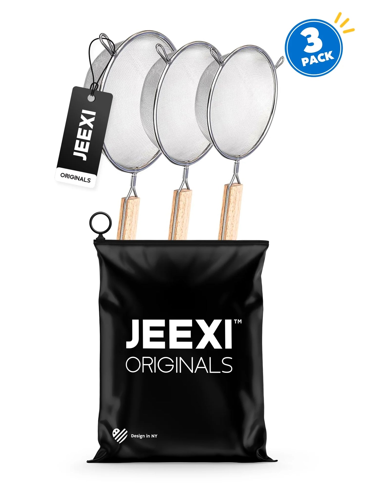 Set of 3 Premium Strainers - Sieve Mesh Extra Fine Stainless Steel Strainers, Wooden Handles, Ideal to Strain Pasta, Quinoa and Rice