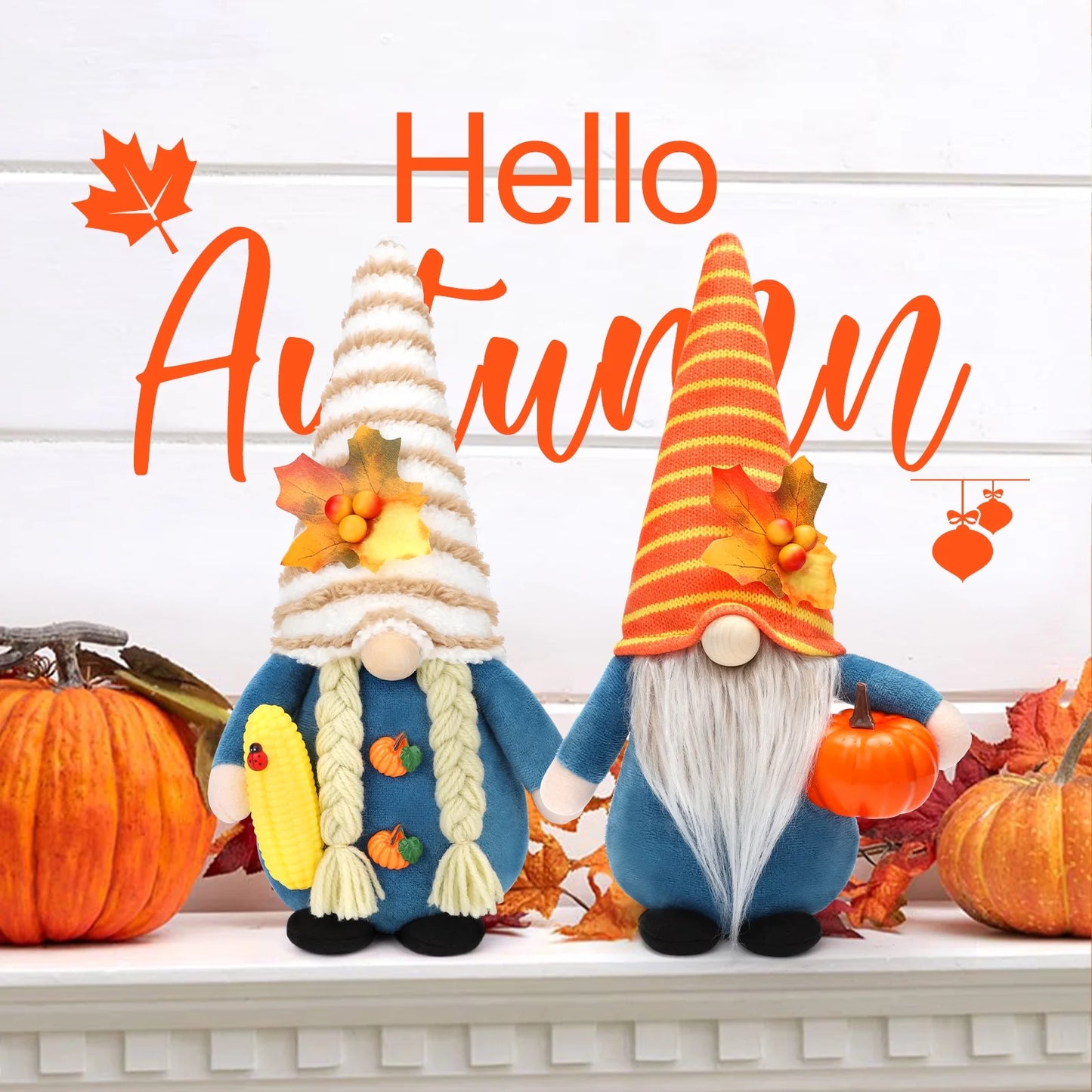Thanksgiving Gnome Decorations, 2Pack Handmade Fall Harvest Gnome Plush Swedish Gnomes Ornaments with Pumpkin Corn Maple Leaves Thanksgiving Gifts Autumn Holiday Decorations