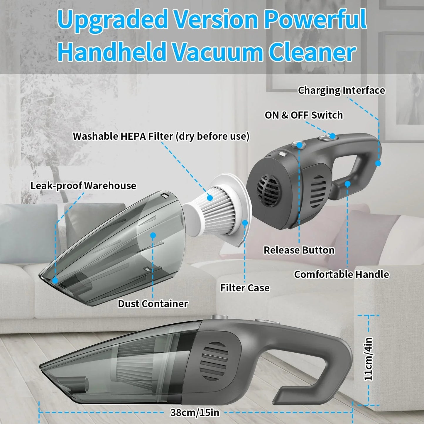 Portable Car Vacuum Cleaner, Cordless Handheld Vacuum 7.5KPA Powerful Wet Dry Vac for Home Car Pet Hair