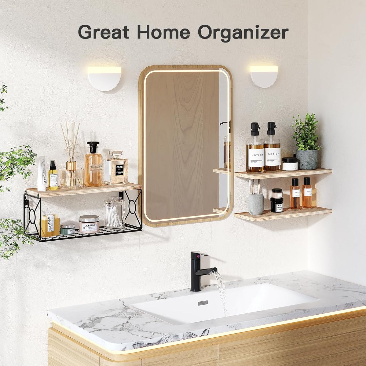 Amada Bathroom Shelves over Toilet with Storage Basket, Floating Shelves Wall Shelves for Home Organization & Wall Decor, Bathroom/Kitchen/Living Room Shelves–Natural Wood