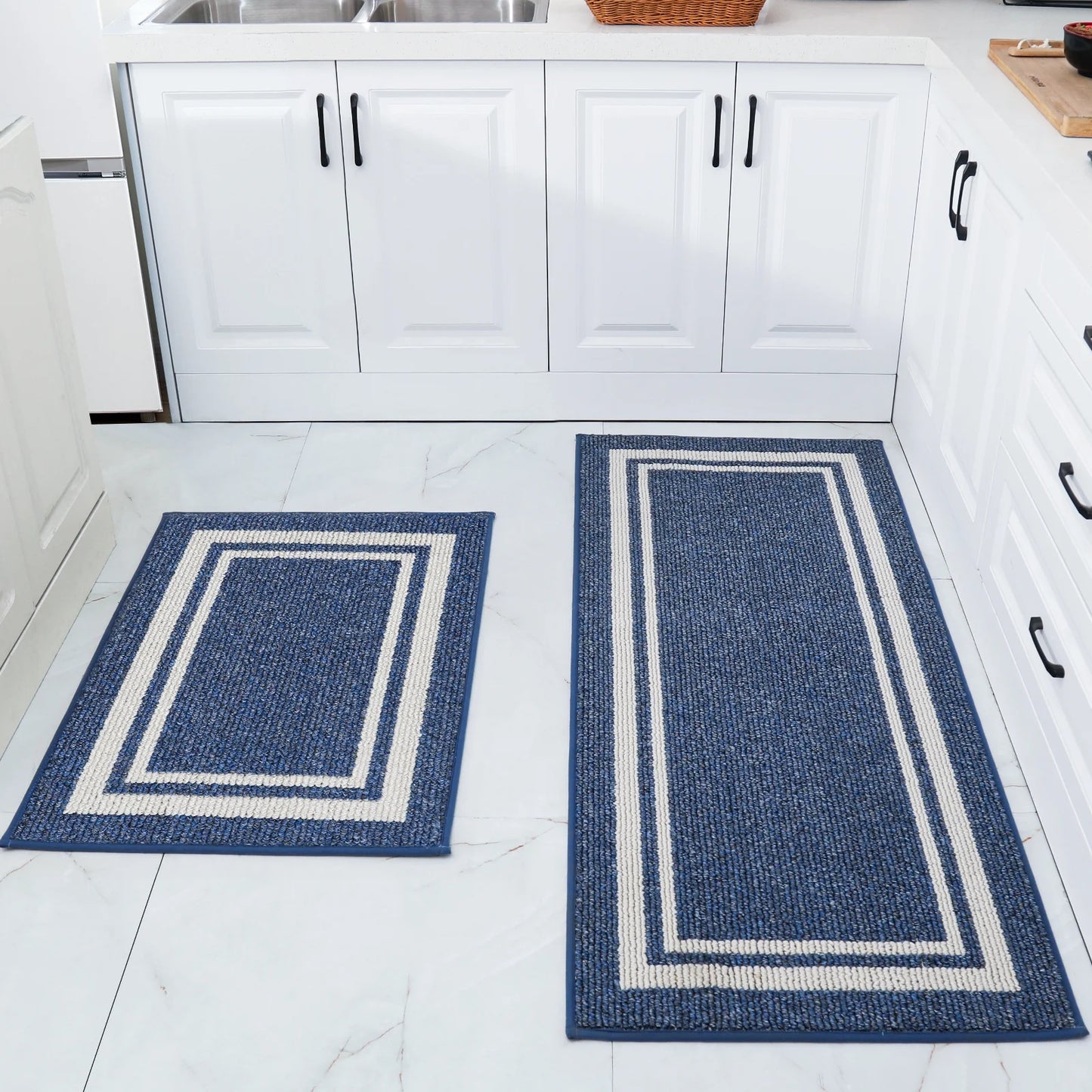 Kitchen Rugs and Mats 2 Pieces, 24"X35"+24"X60", Stain-Resistant and Absorbent Kitchen Mats Non-Slip, Machine Washable Kitchen Floor Mat, Rugs for Kitchen, Floor and Home, Blue