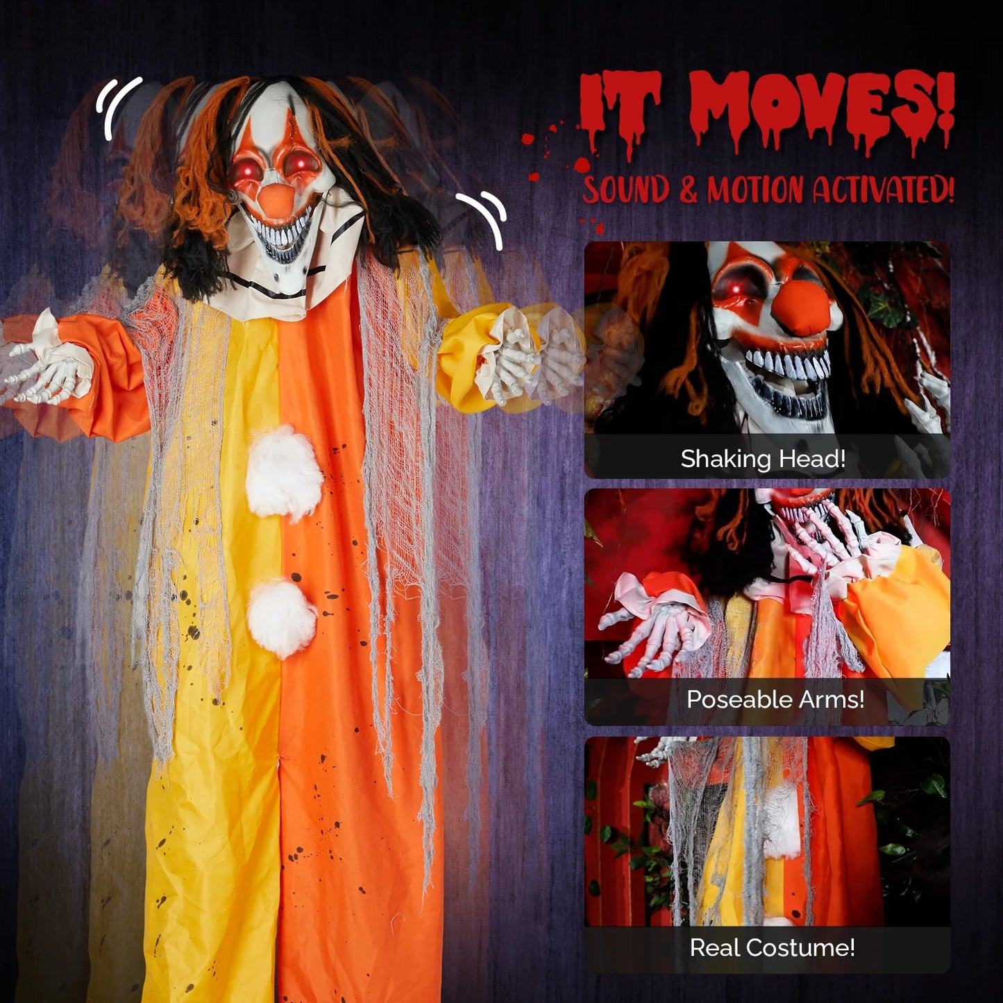 8 Ft Clown Animated Halloween Decoration Clown W/ Pre-Recorded Screaming, LED Eyes