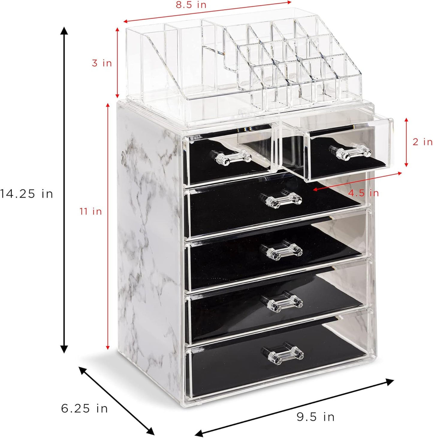 Clear Cosmetic Makeup Organizer - Make up & Jewelry Storage, Case & Display - Spacious Design - Great Holder for Dresser, Bathroom, Vanity & Countertop (4 Large, 2 Small Drawers - Marble Print)