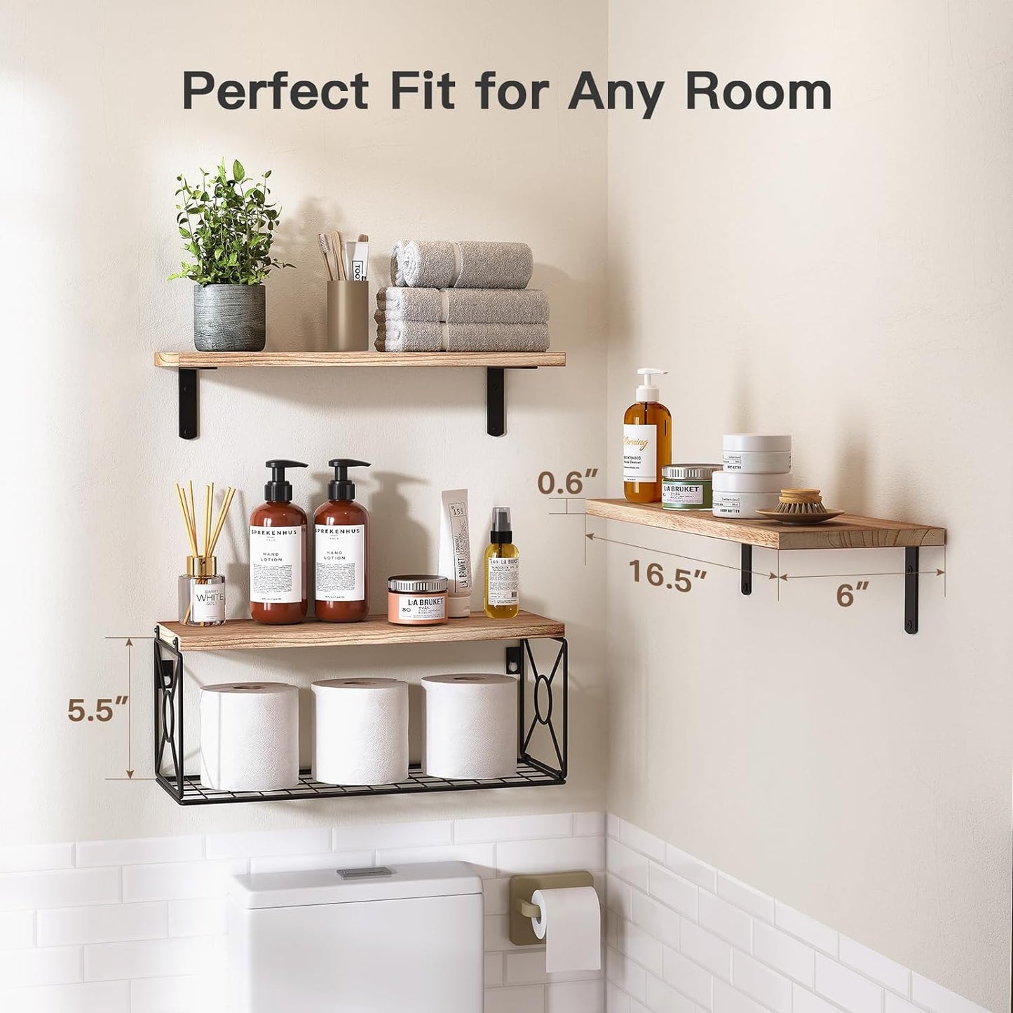 Amada Bathroom Shelves over Toilet with Storage Basket, Floating Shelves Wall Shelves for Home Organization & Wall Decor, Bathroom/Kitchen/Living Room Shelves–Natural Wood