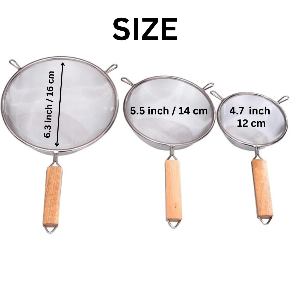 Set of 3 Premium Strainers - Sieve Mesh Extra Fine Stainless Steel Strainers, Wooden Handles, Ideal to Strain Pasta, Quinoa and Rice