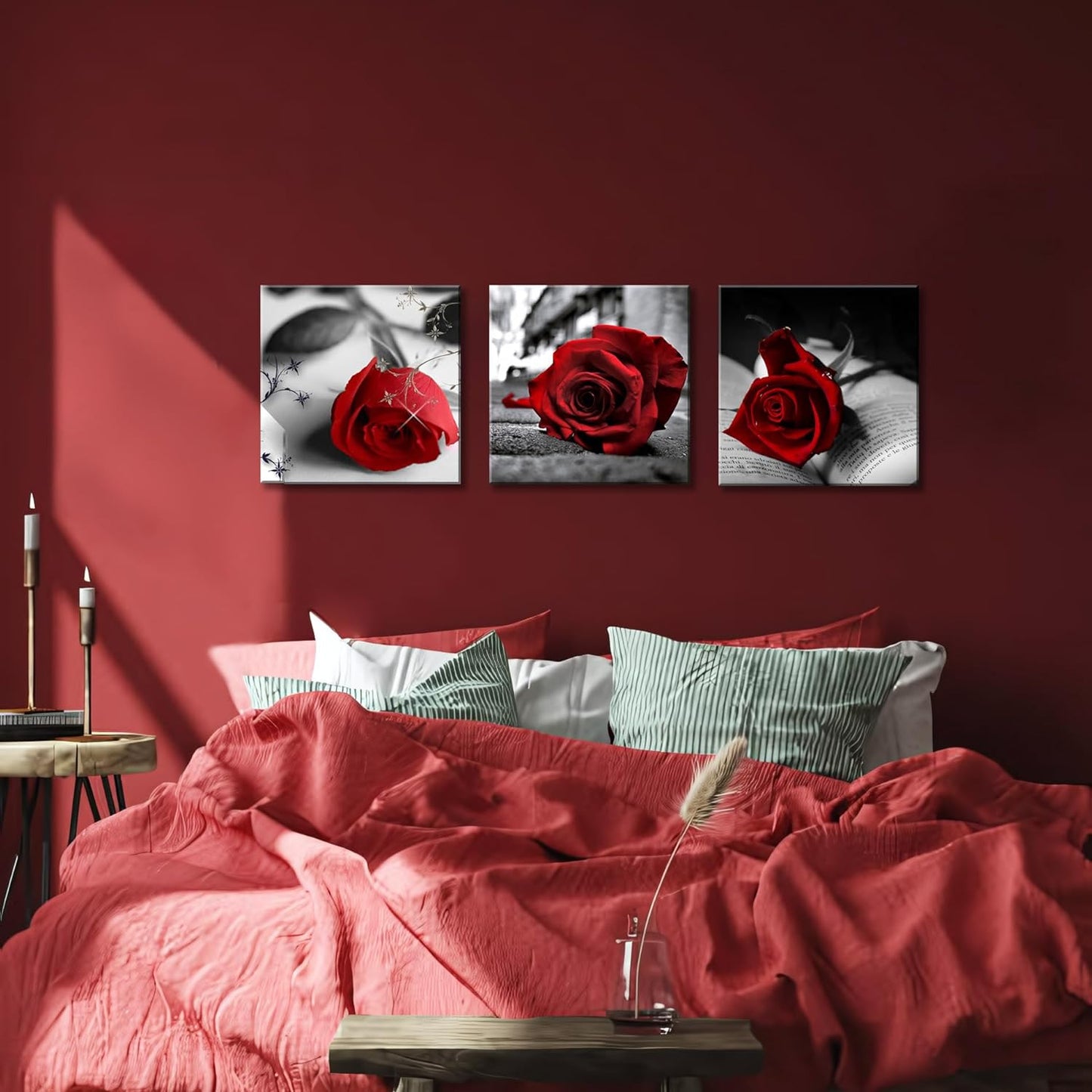 3 Pcs Red Rose Canvas Art Black and White Red Wall Art Flower Picture Prints on Canvas Stretched and Framed Triptych 12"X12" Floral Decor Canvas Art for Home Decor Living Room Bedroom