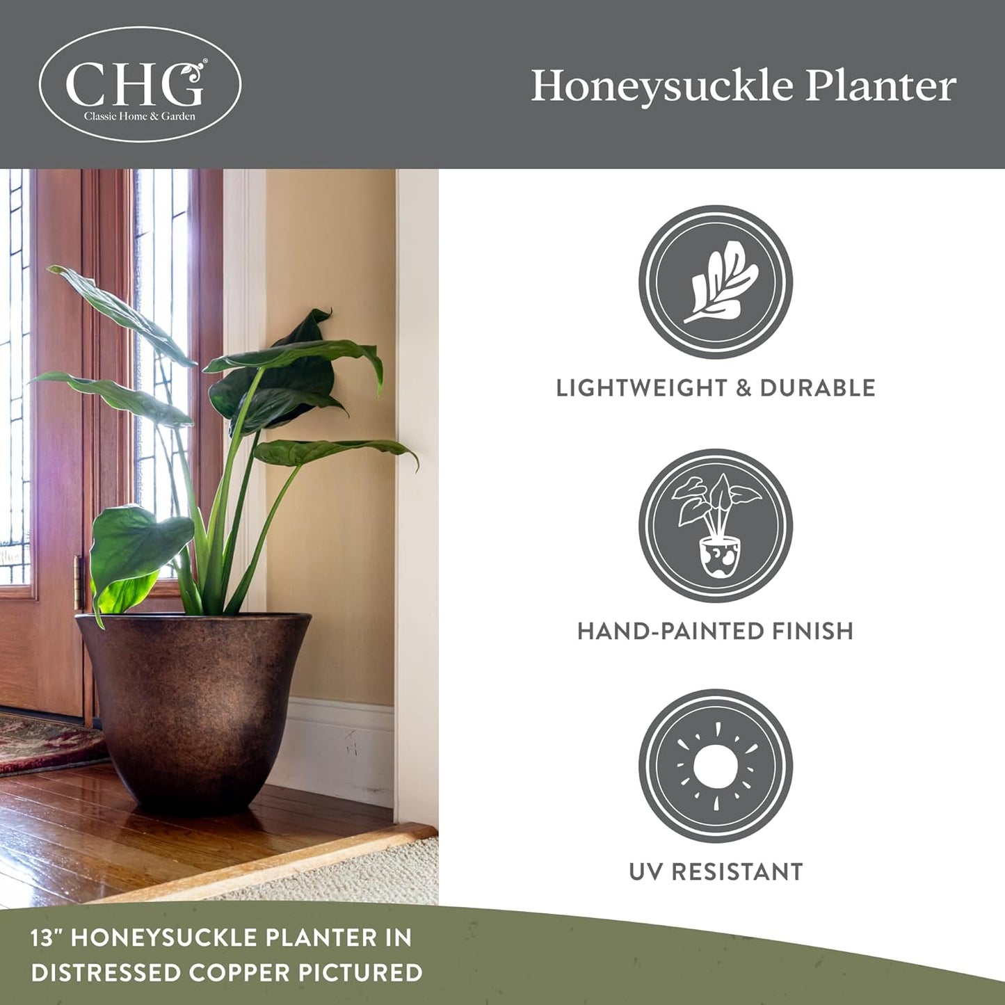 Honeysuckle Resin Planters - Lightweight Indoor & Outdoor Plant Pots - Uv-Resistant Plastic Flower Pots - Pot Planters for Flowers & Herbs (15" Distressed Copper)