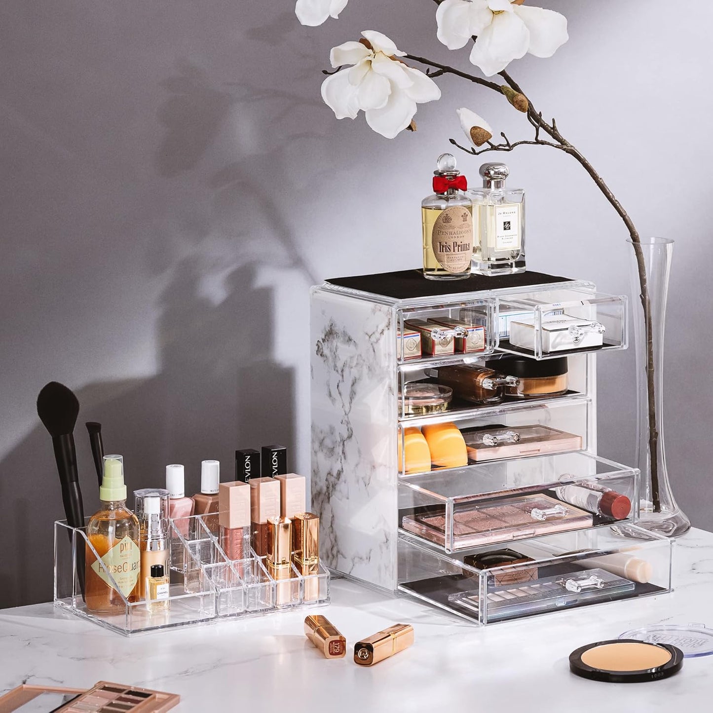 Clear Cosmetic Makeup Organizer - Make up & Jewelry Storage, Case & Display - Spacious Design - Great Holder for Dresser, Bathroom, Vanity & Countertop (4 Large, 2 Small Drawers - Marble Print)