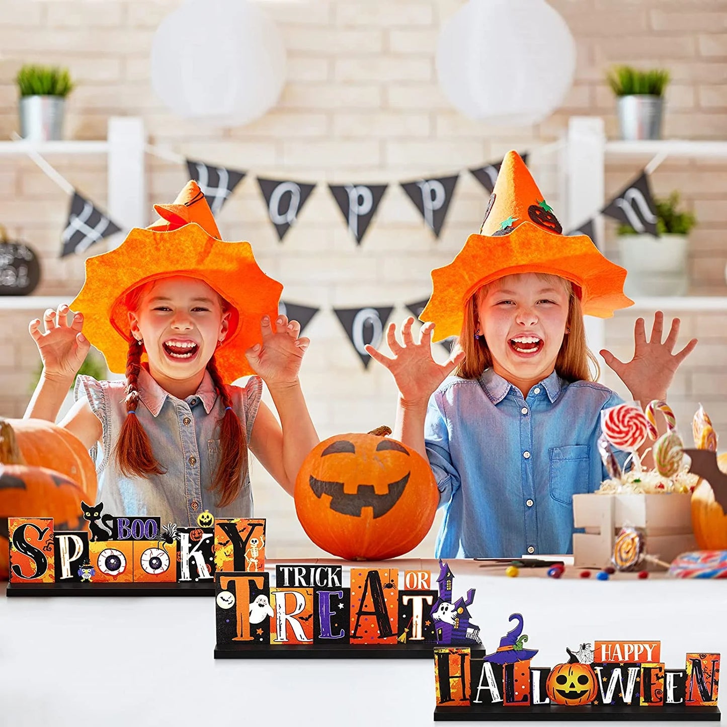 3Pcs Halloween Wooden Table Centerpieces Signs, Halloween Decorations Indoor Table Decor for Halloween Party Supplies, Orange
