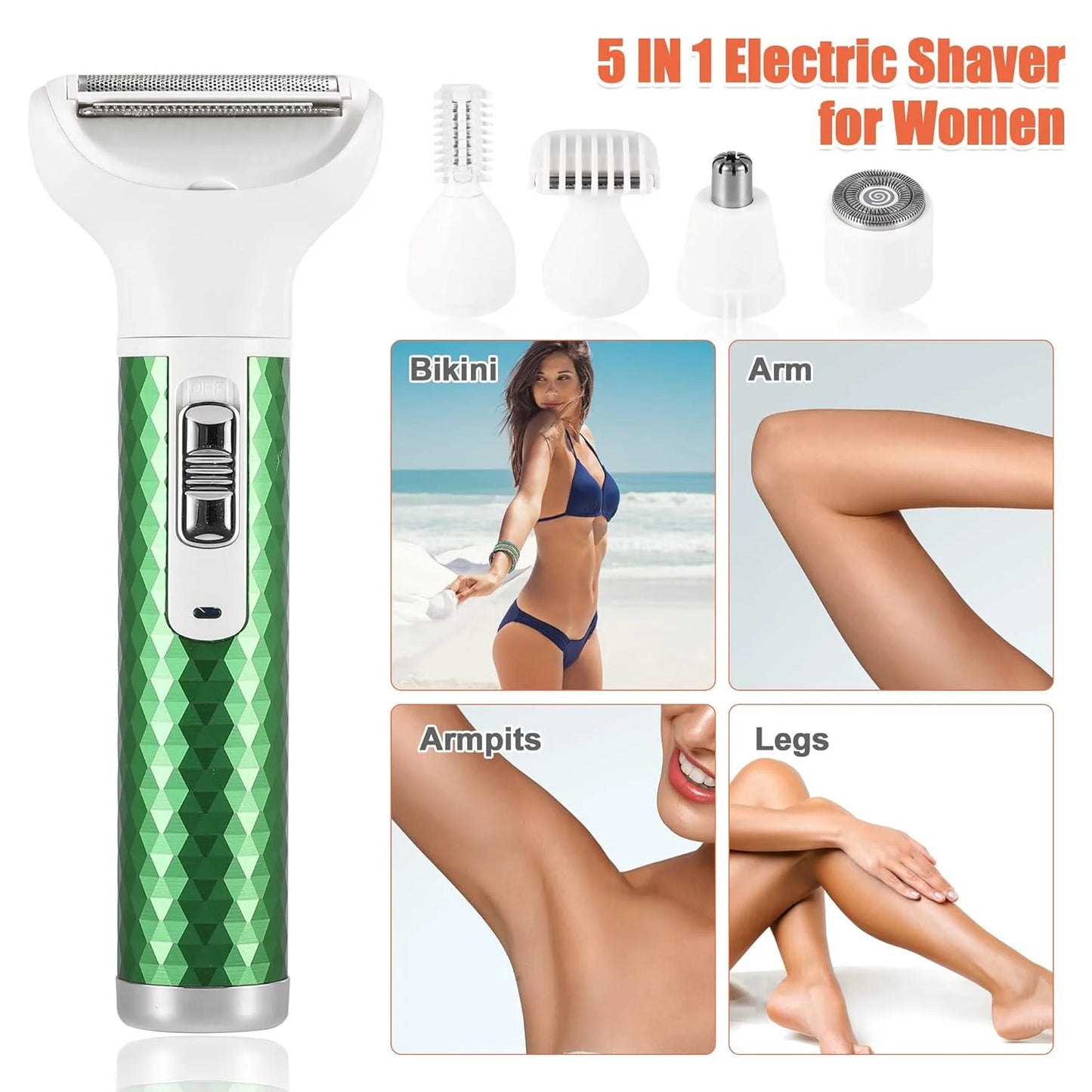 Electric Razor for Women,5 in 1 Electric Shaver for Women, Portable Rechargeable Hair Trimmer Wet and Dry Cordless Women Shaver Hair Remover for Face, Legs, Nose and Bikini