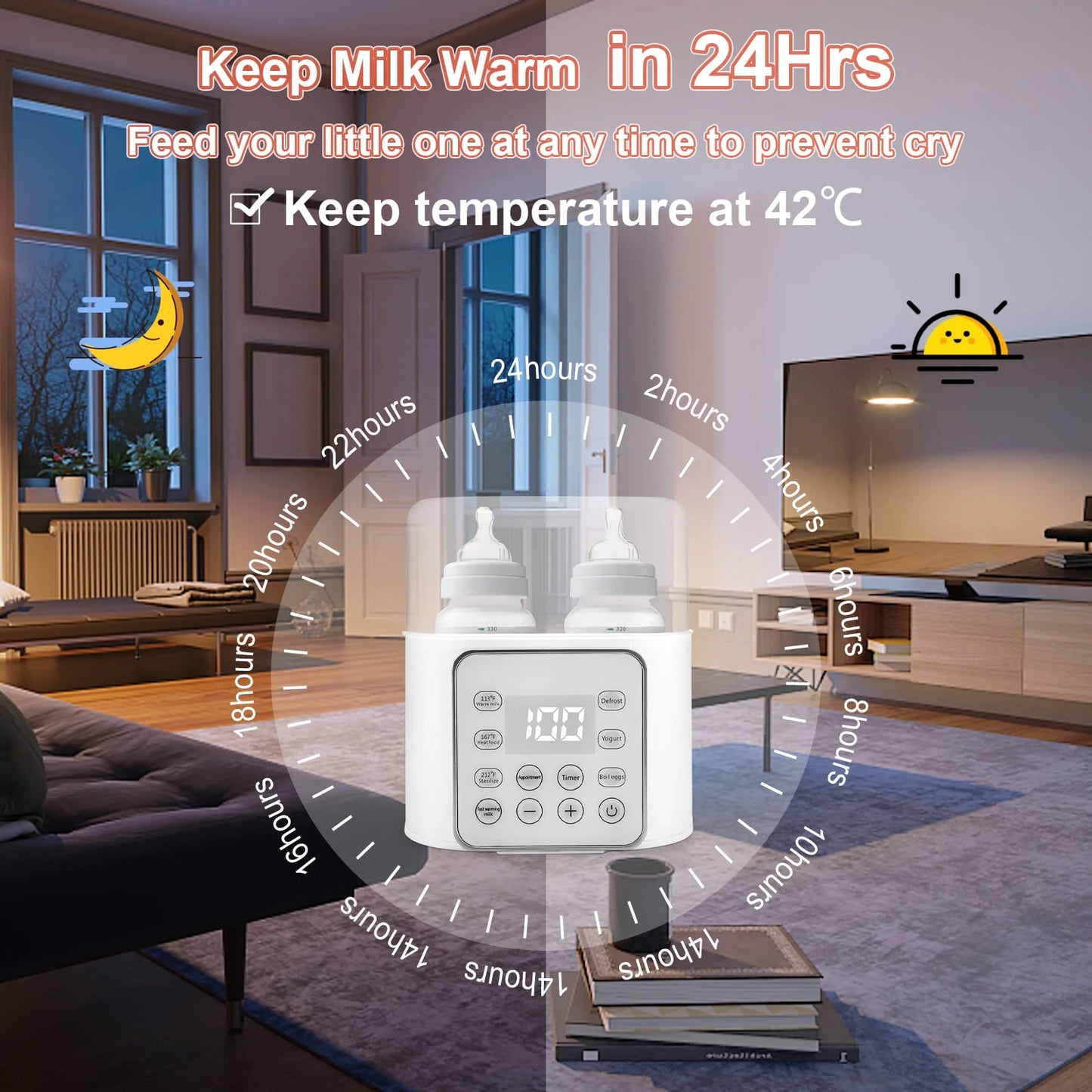 Baby , 9-In-1 Portable with LCD Display, Double Bottles Fast Milk Warmer, White