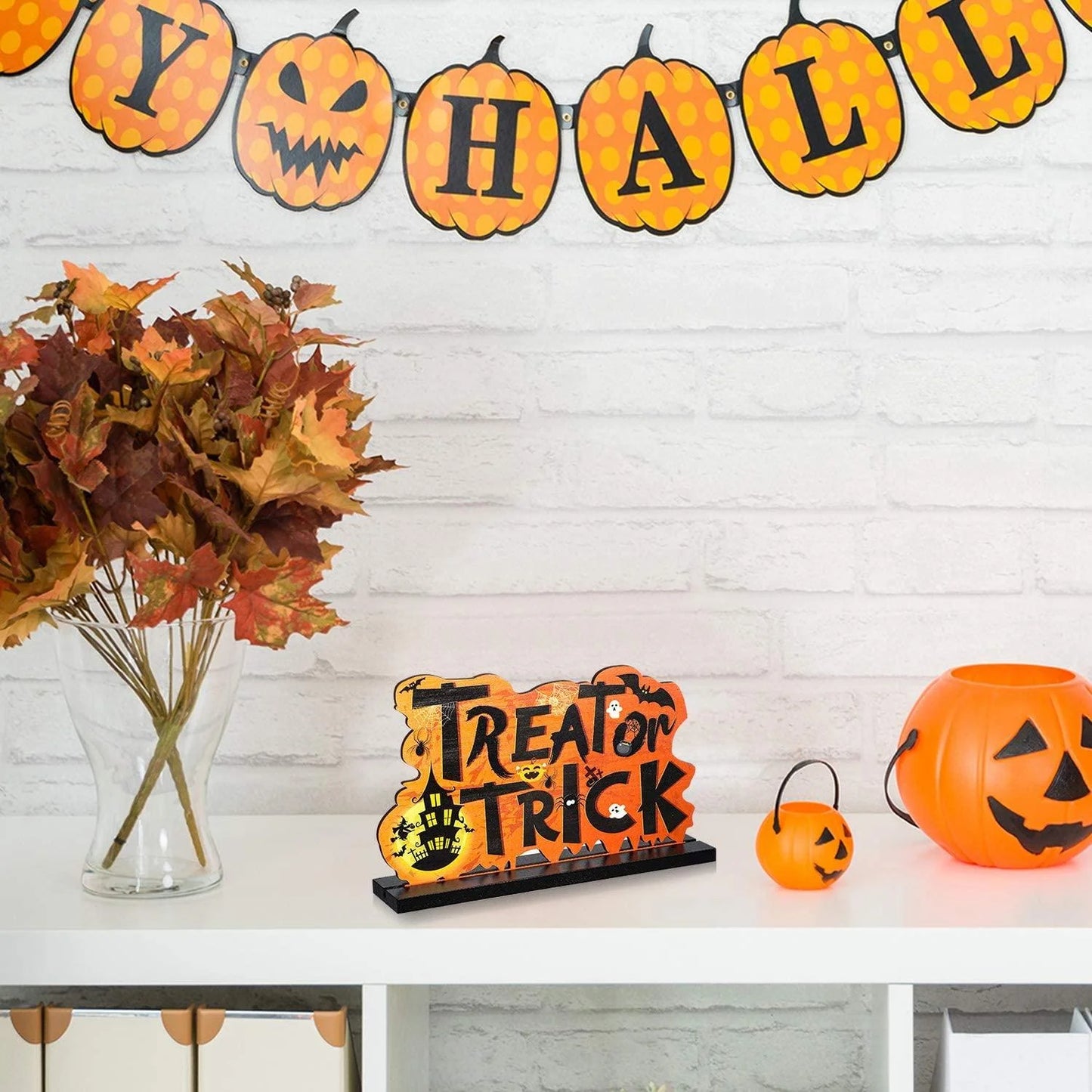 3Pcs Happy Halloween Table Decorations,Orange Pumpkin Table Centerpieces Boo Sign Wood Candy Day for Halloween Party Dinner Coffee Table Topper Tier Tray Room Decor,7.87'' X 4.72''