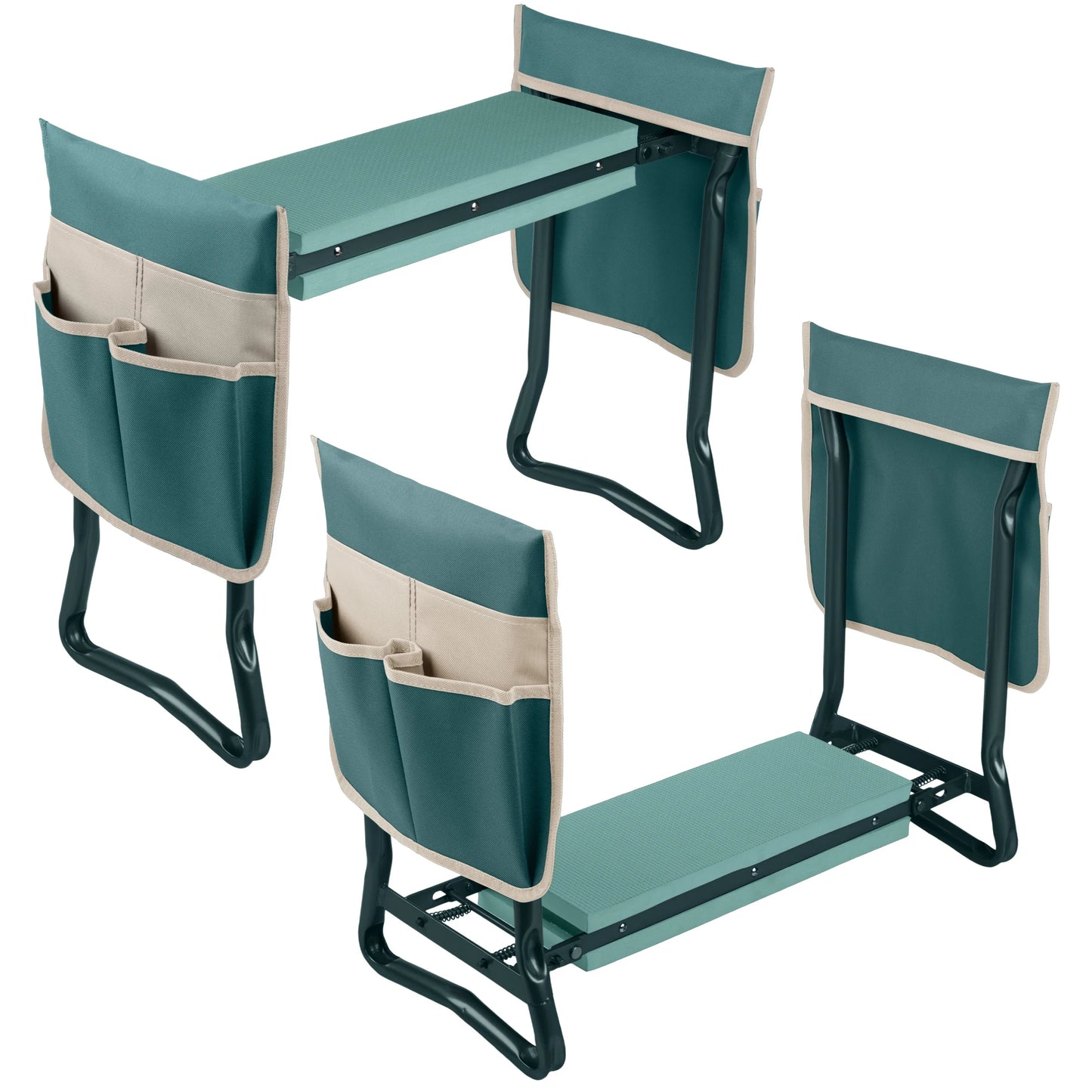 2-In-1 Garden Kneeler & Stool โ Folding Bench with EVA Pad & Tool Pouches, Green/Tan