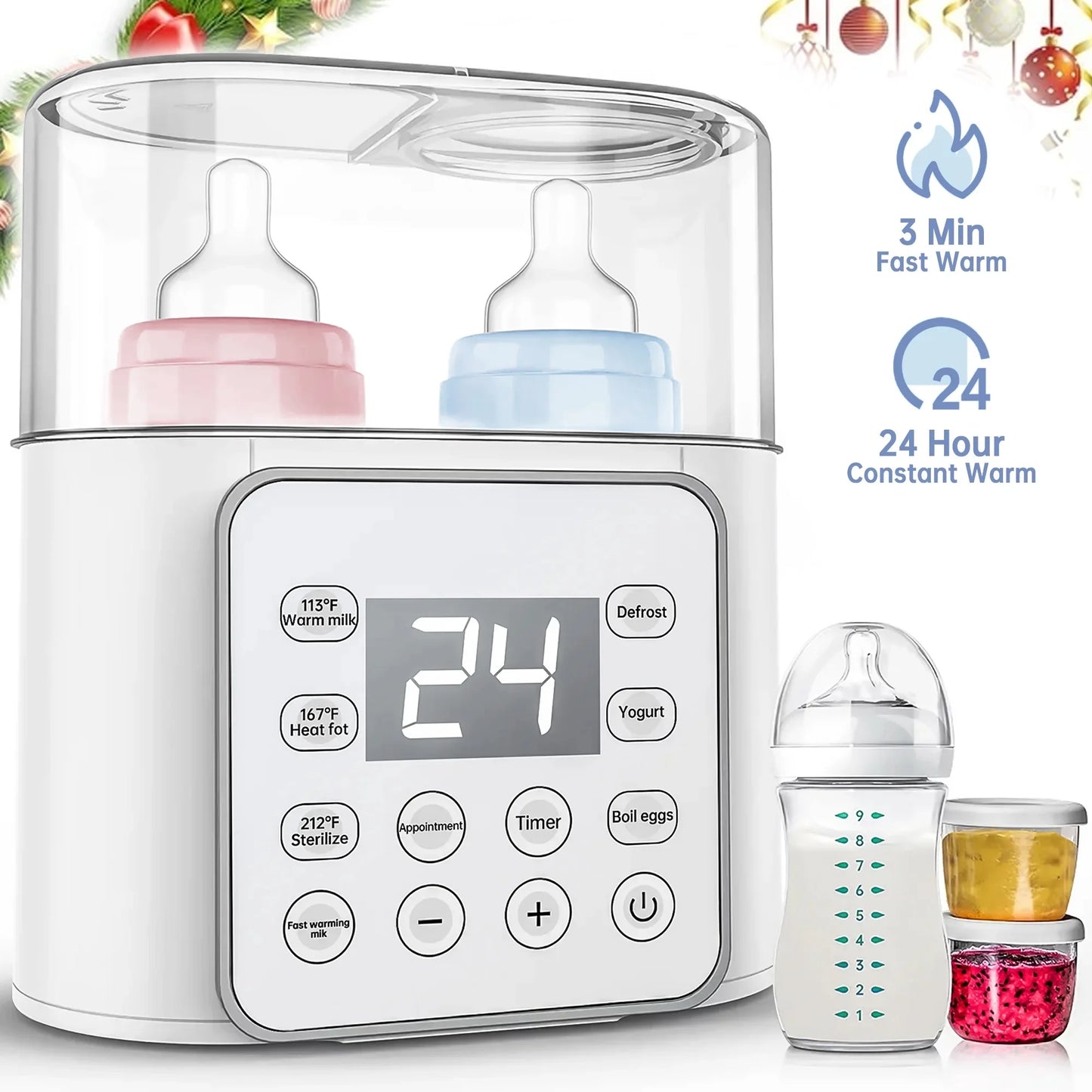 Baby , 9-In-1 Portable with LCD Display, Double Bottles Fast Milk Warmer, White