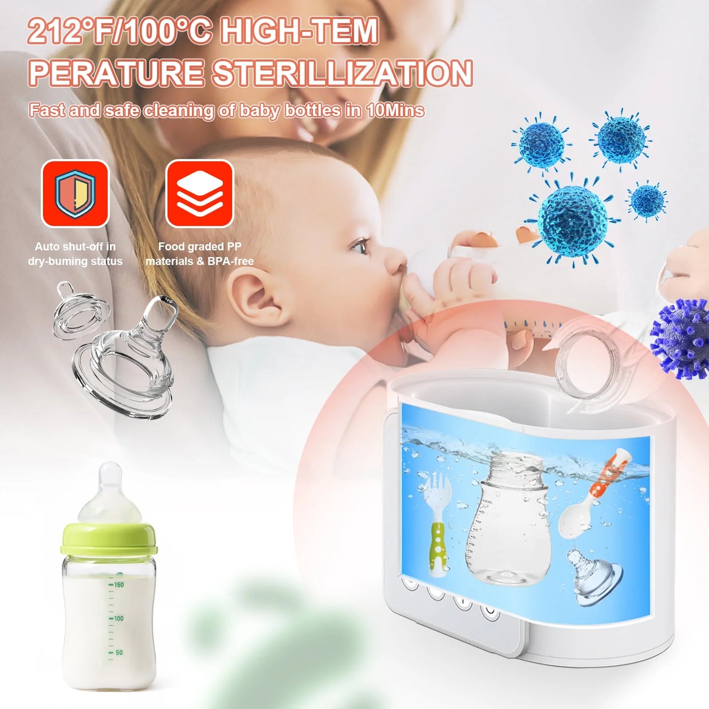 Baby , 9-In-1 Portable with LCD Display, Double Bottles Fast Milk Warmer, White