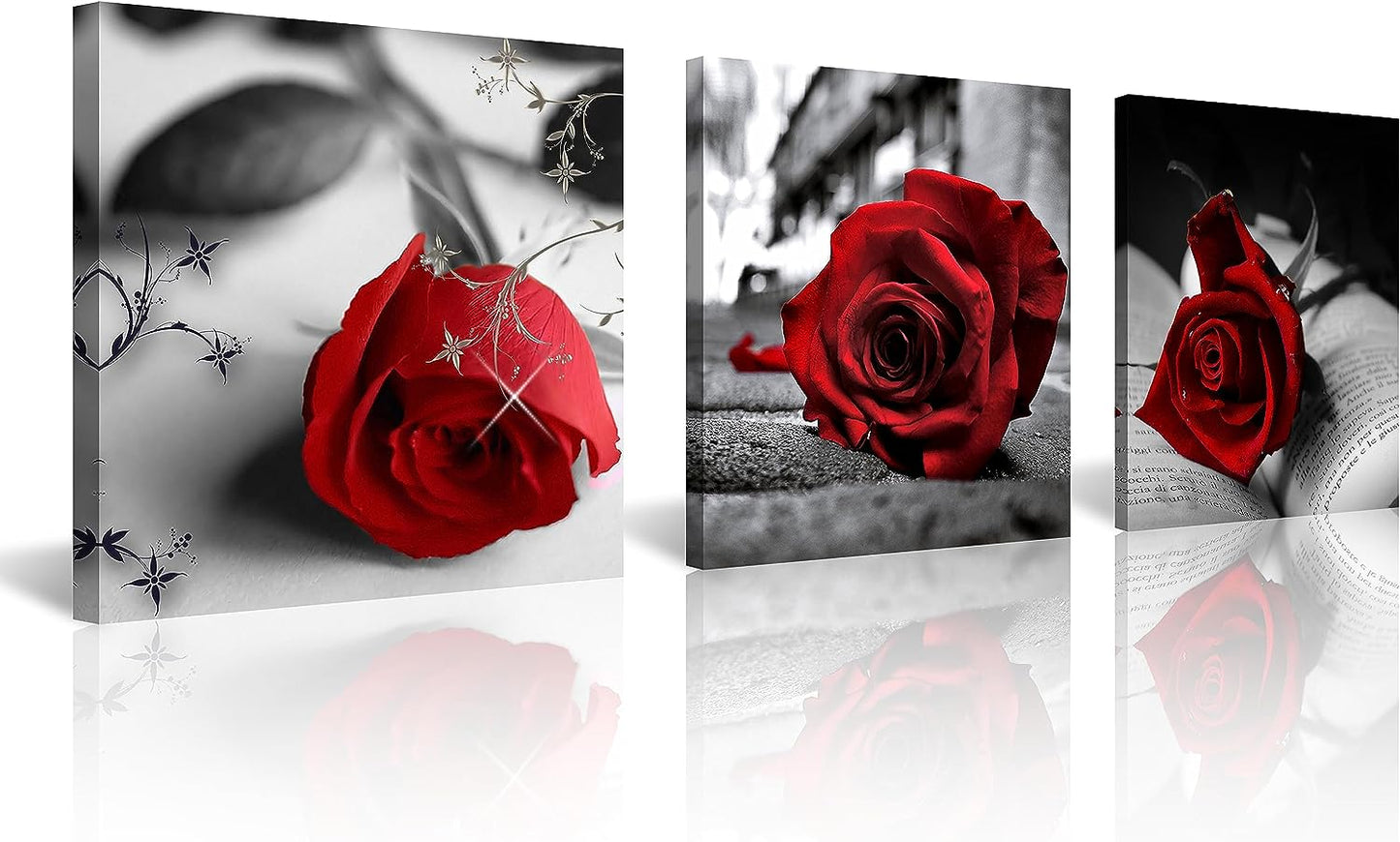 3 Pcs Red Rose Canvas Art Black and White Red Wall Art Flower Picture Prints on Canvas Stretched and Framed Triptych 12"X12" Floral Decor Canvas Art for Home Decor Living Room Bedroom