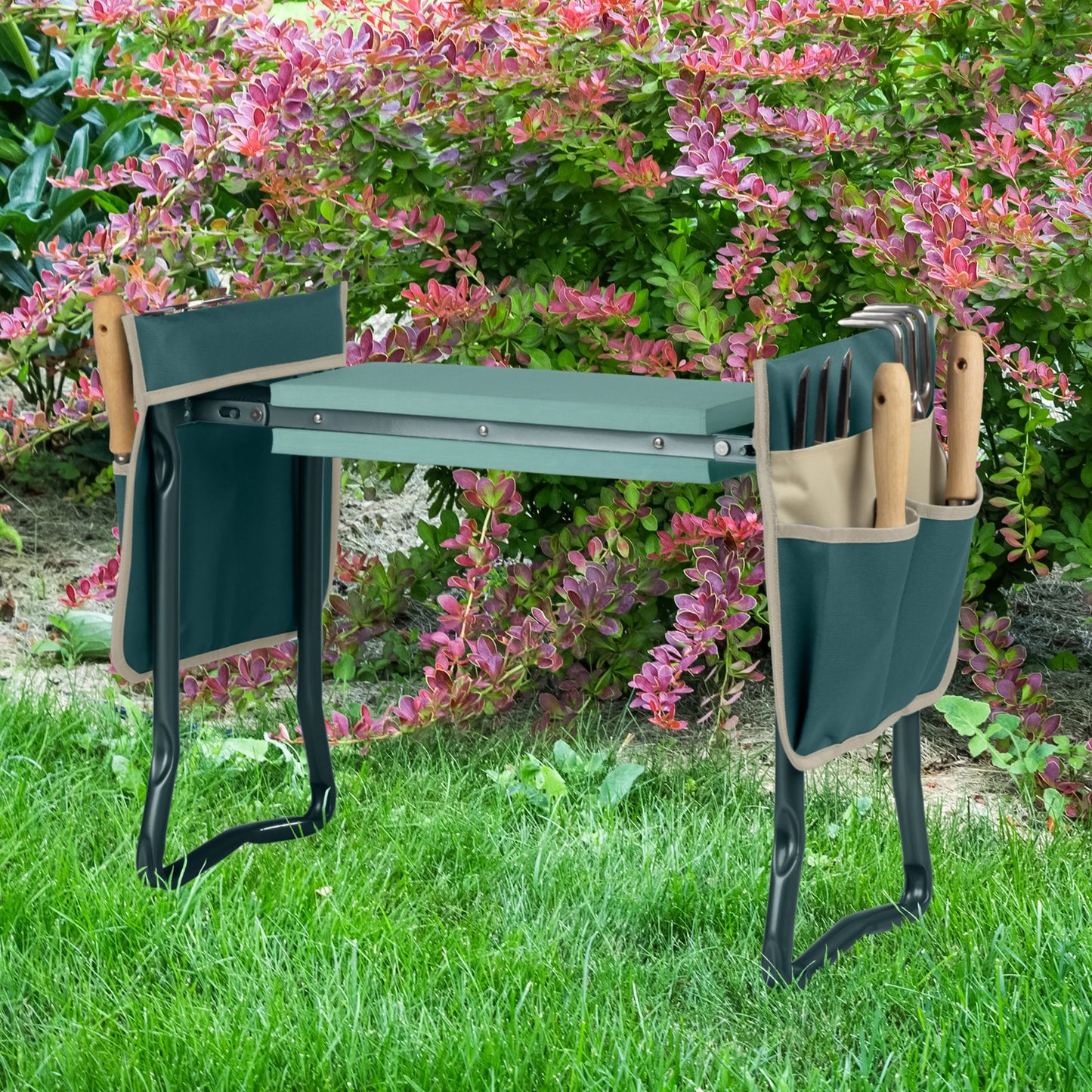 2-In-1 Garden Kneeler & Stool โ Folding Bench with EVA Pad & Tool Pouches, Green/Tan