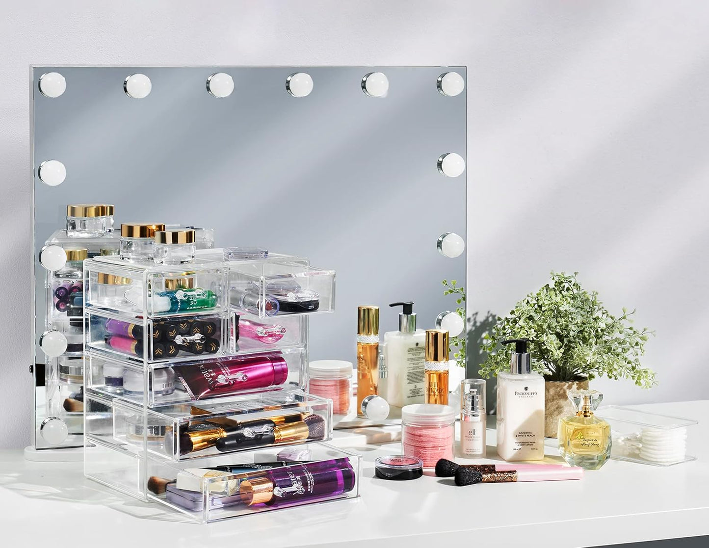 Acrylic Makeup Organizer - Organization and Storage Case for Cosmetics Make up & Jewelry - Big Clear Makeup Organizer for Vanity, Bathroom, College Dorm, Closet, Desk (3 Large, 4 Small Drawers)