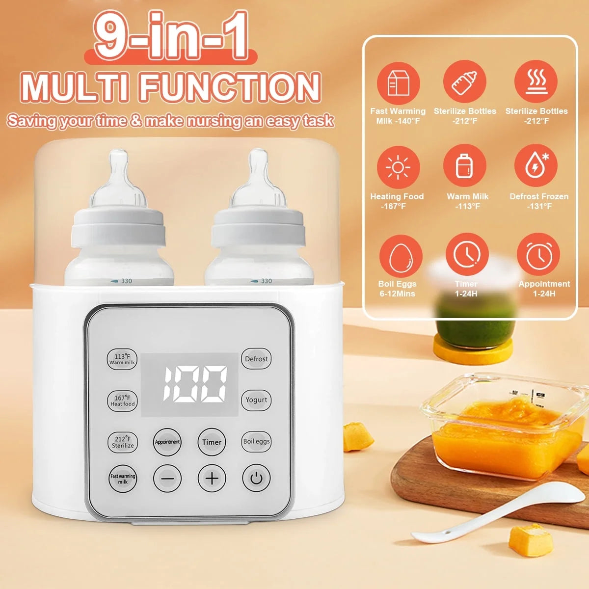 Baby , 9-In-1 Portable with LCD Display, Double Bottles Fast Milk Warmer, White