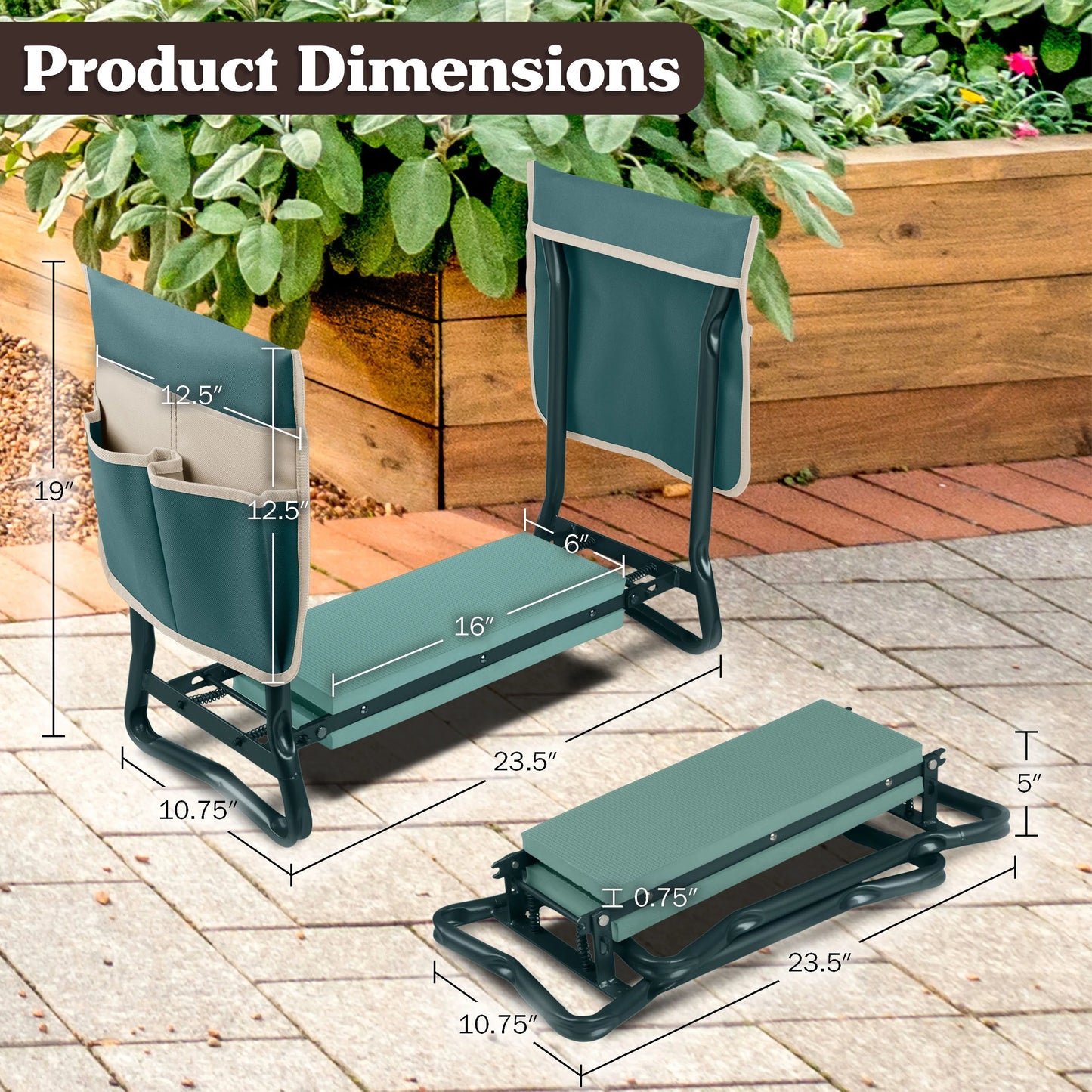 2-In-1 Garden Kneeler & Stool โ Folding Bench with EVA Pad & Tool Pouches, Green/Tan