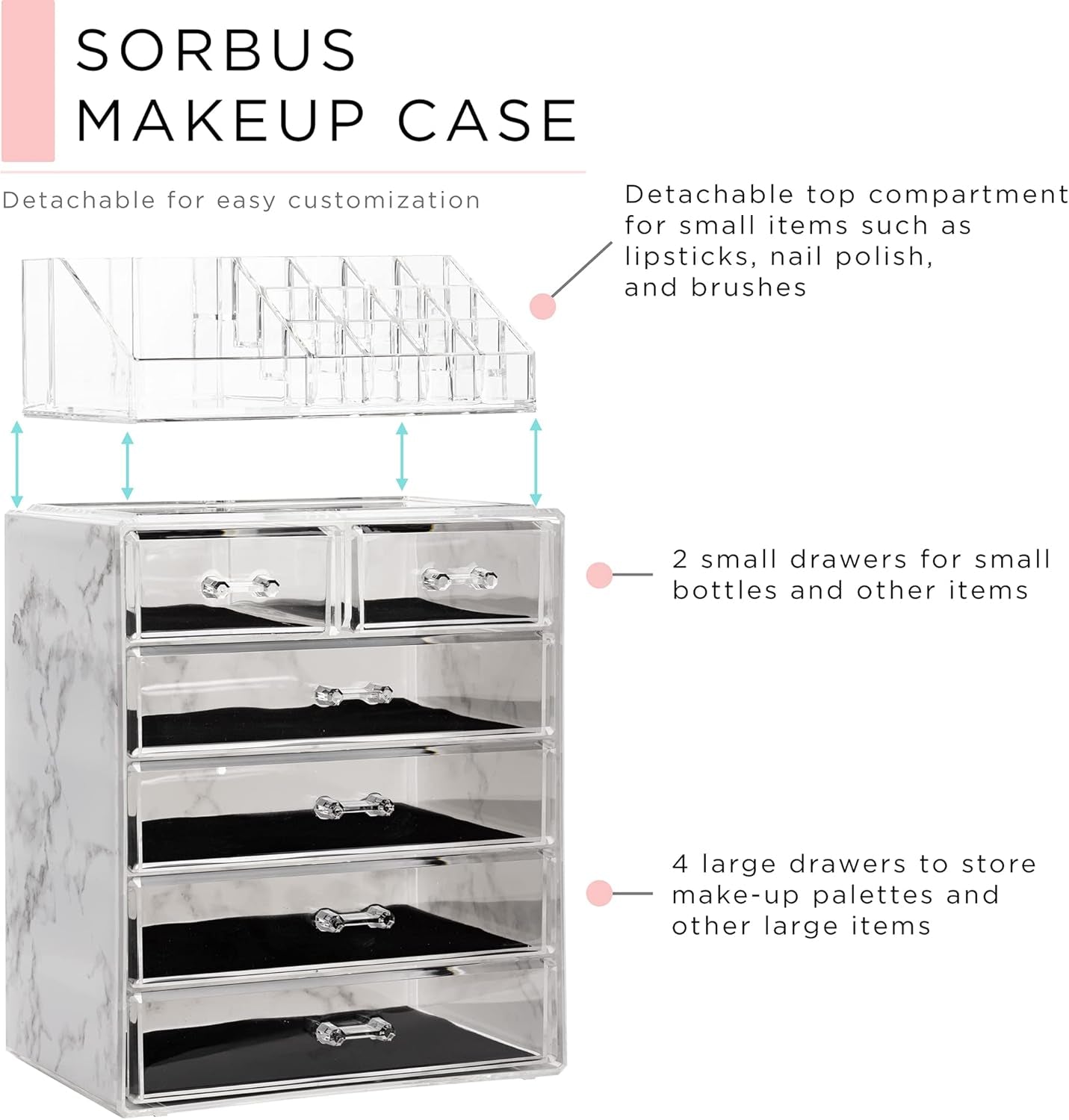 Clear Cosmetic Makeup Organizer - Make up & Jewelry Storage, Case & Display - Spacious Design - Great Holder for Dresser, Bathroom, Vanity & Countertop (4 Large, 2 Small Drawers - Marble Print)