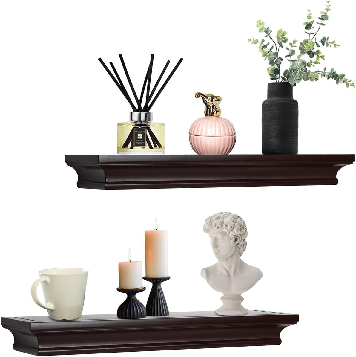 Elegant Floating Shelves, Decorative Wall Shelves for Home Organization and Display in Bedroom, Kitchen, Livingroom and Office, Espresso Brown, Set of 2