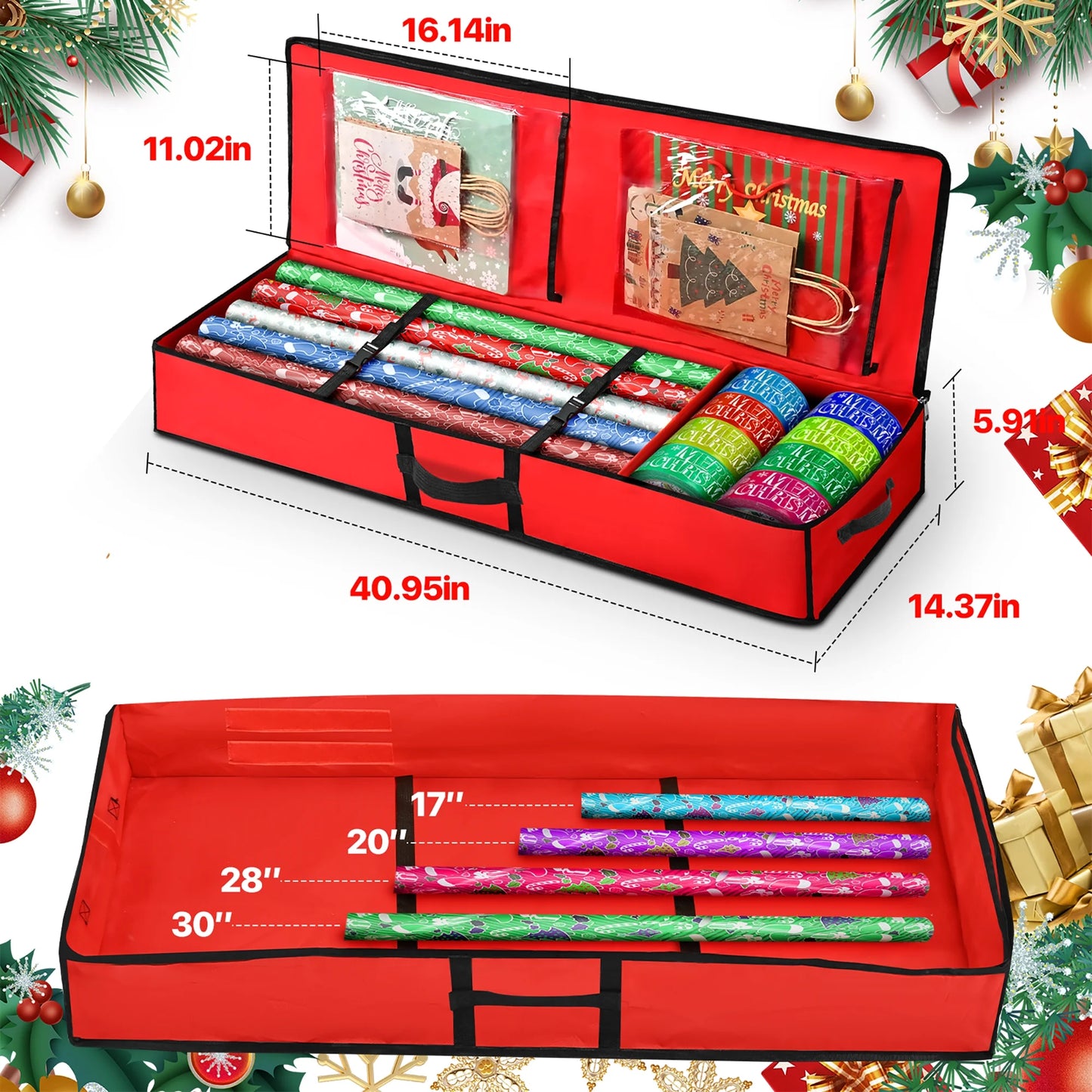 Christmas Wrapping Paper Storage Organizer, Gift Wrapping Storage 40" 600D Oxford Fabric with Flexible Partitions and Pockets, Ornaments Holiday Accessories Red
