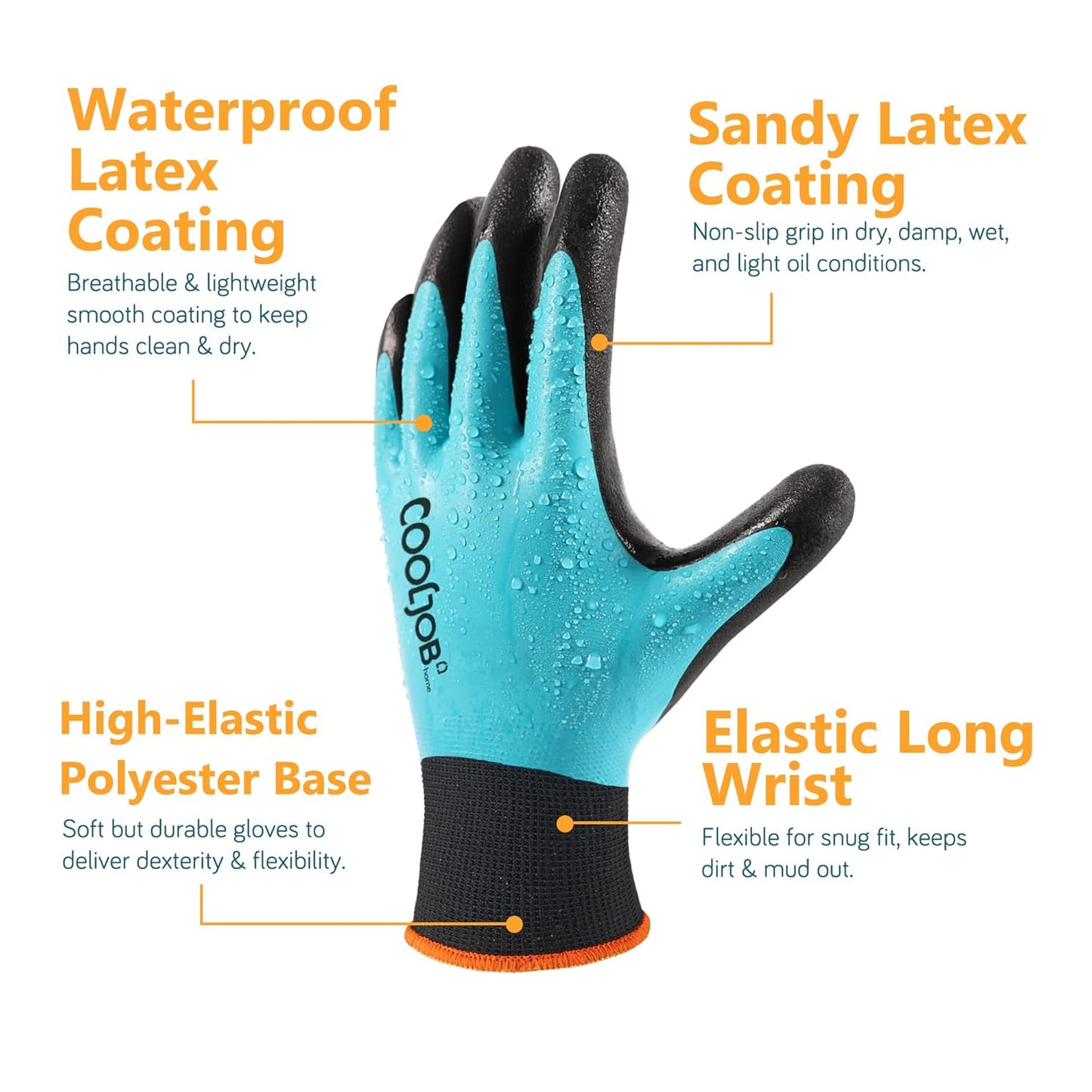 Waterproof Gardening Work Gloves with Grip for Women & Men, Double Rubber Coated for Garden Yard Outdoor Construction Worker, Blue Large Size 2 Pairs