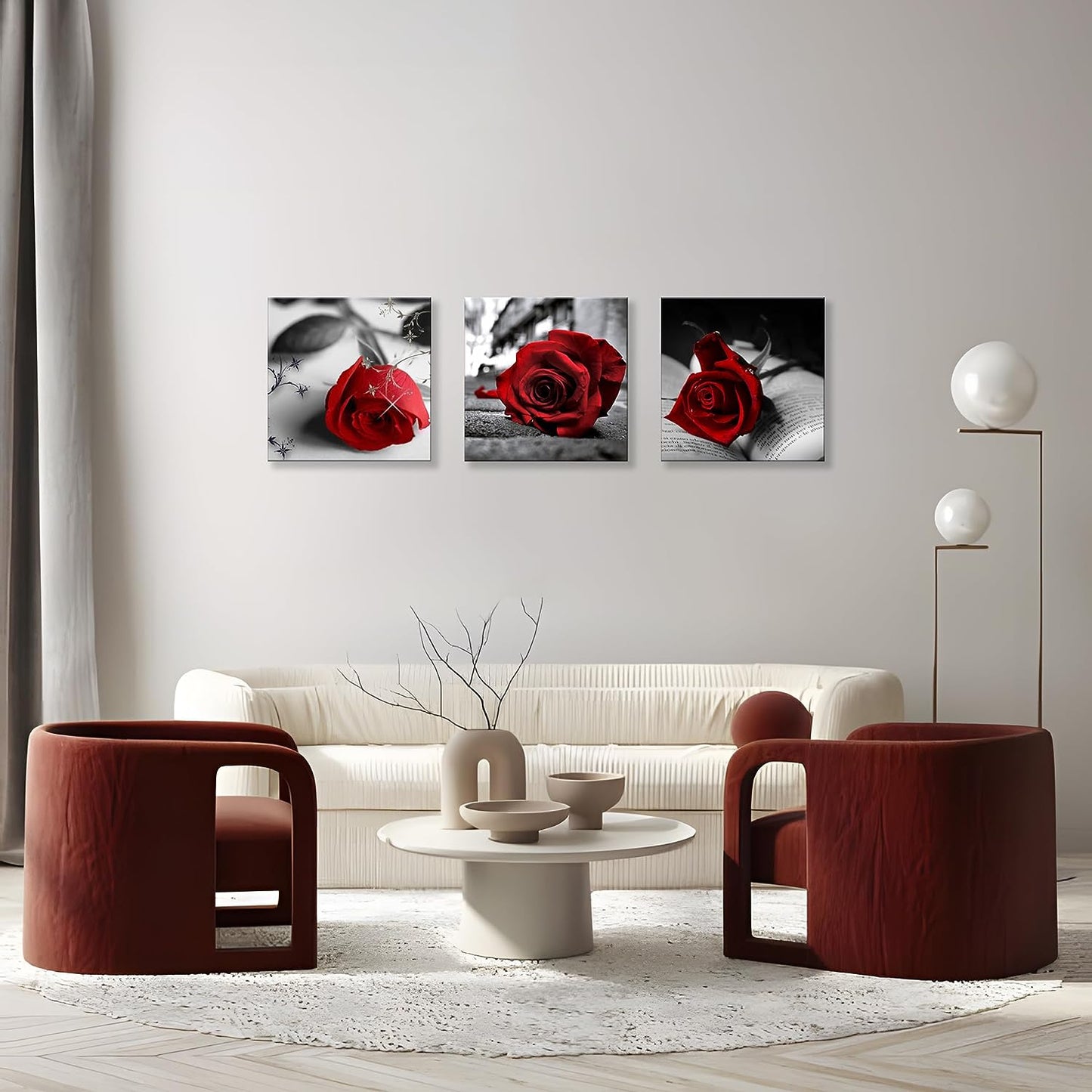 3 Pcs Red Rose Canvas Art Black and White Red Wall Art Flower Picture Prints on Canvas Stretched and Framed Triptych 12"X12" Floral Decor Canvas Art for Home Decor Living Room Bedroom