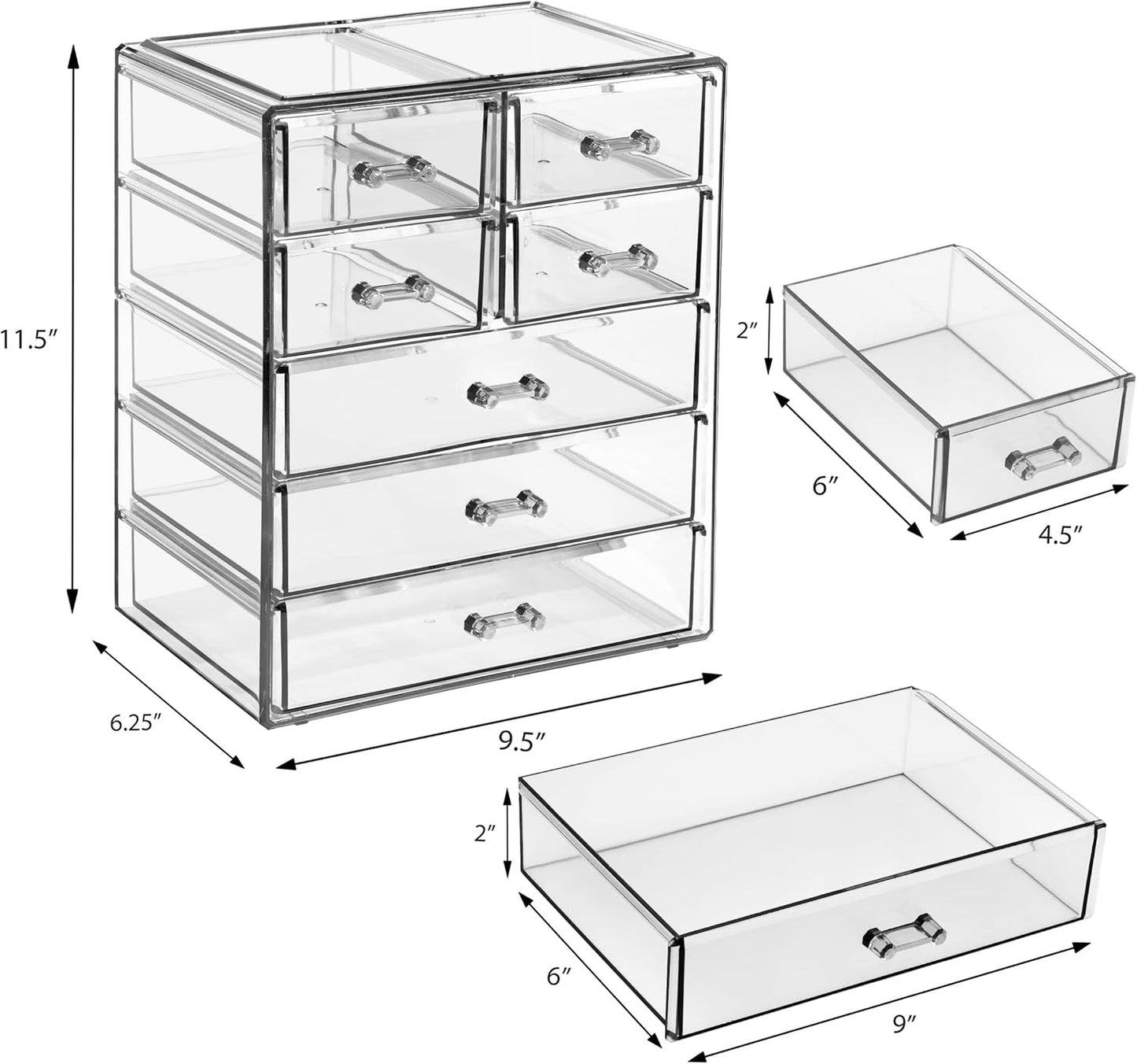 Acrylic Makeup Organizer - Organization and Storage Case for Cosmetics Make up & Jewelry - Big Clear Makeup Organizer for Vanity, Bathroom, College Dorm, Closet, Desk (3 Large, 4 Small Drawers)