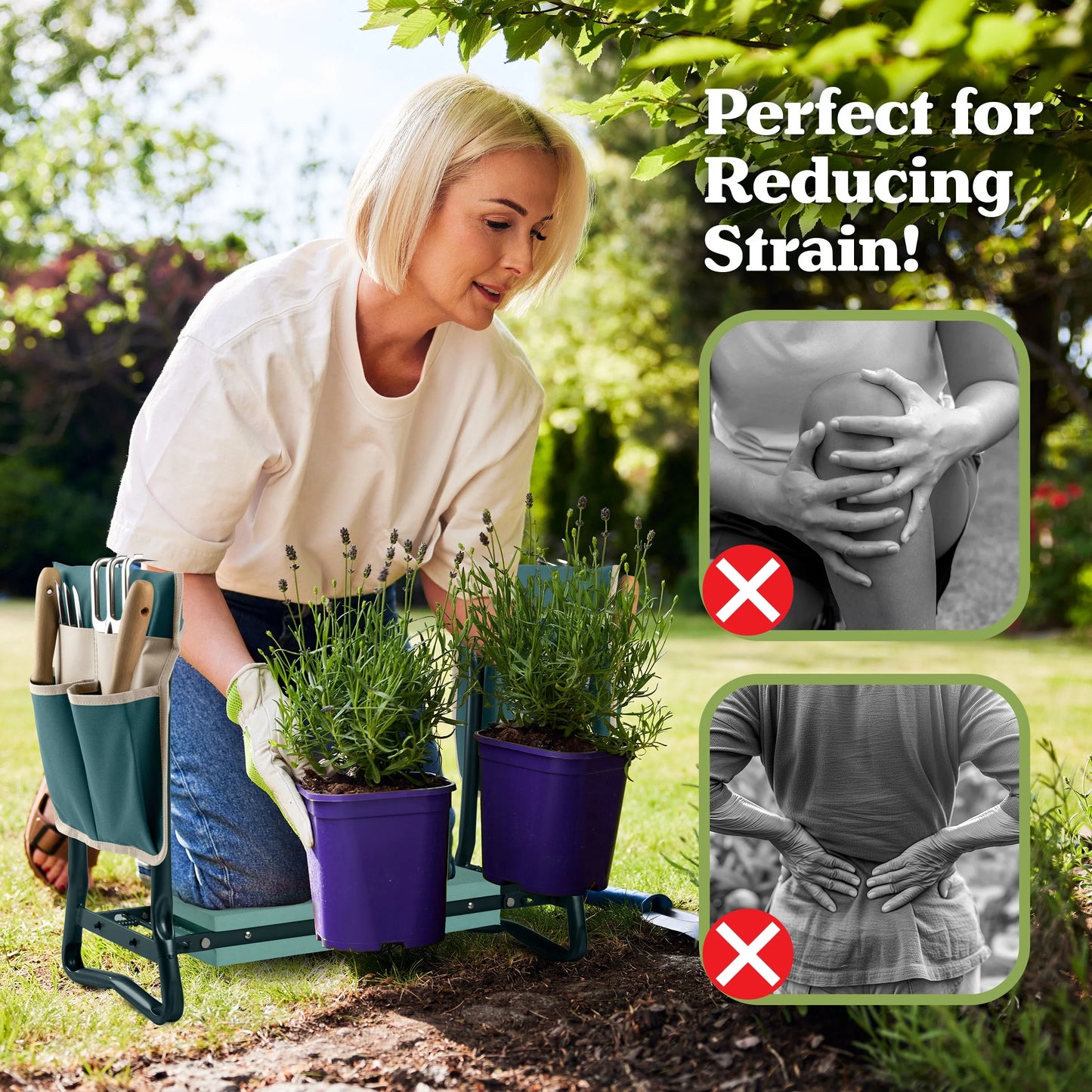 2-In-1 Garden Kneeler & Stool โ Folding Bench with EVA Pad & Tool Pouches, Green/Tan