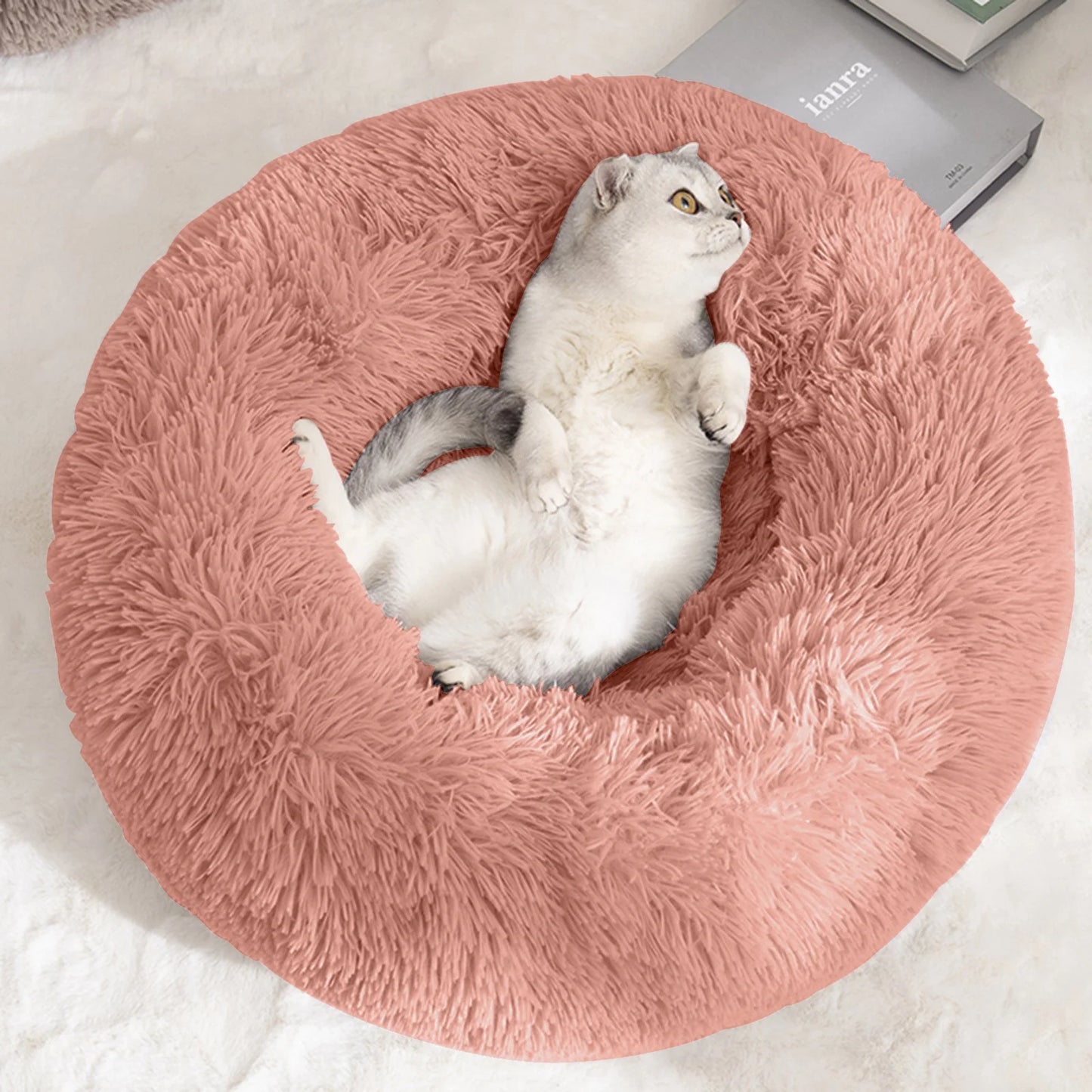 27In Calming Donut Dog Bed Anti-Anxiety, Self Warming, Cozy Soft Plush round Pet Bed Indoor, Ideal for Both Home & Travel, Size 27”X27”X8” Pink