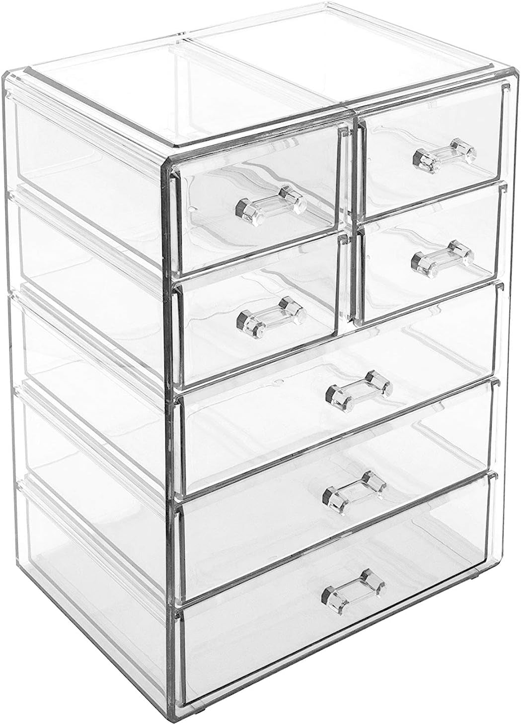 Acrylic Makeup Organizer - Organization and Storage Case for Cosmetics Make up & Jewelry - Big Clear Makeup Organizer for Vanity, Bathroom, College Dorm, Closet, Desk (3 Large, 4 Small Drawers)