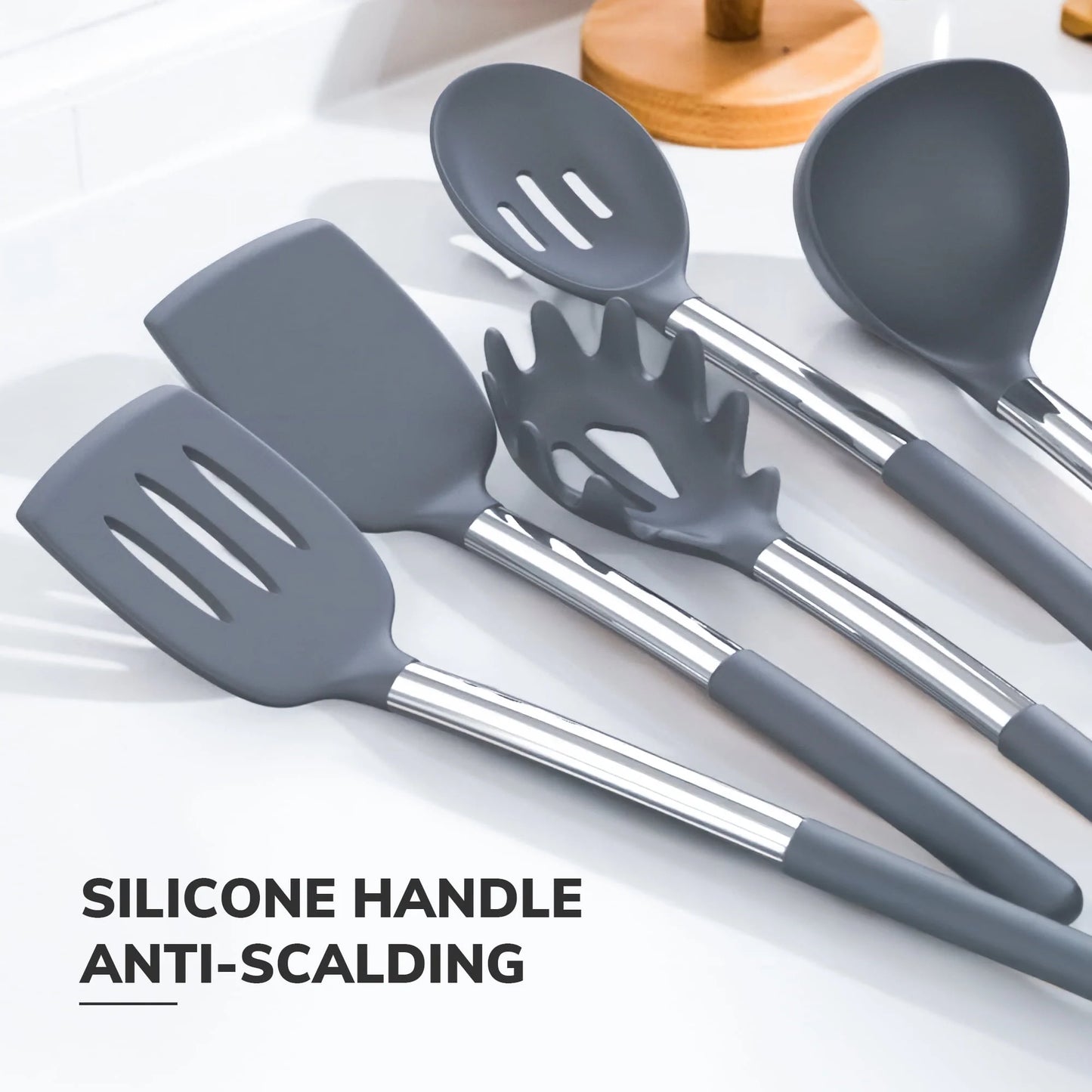 Kitchen Utensils Set,30 Piece Stainless Steel Handle Cutlery Set with Holder Kitchen Accessories