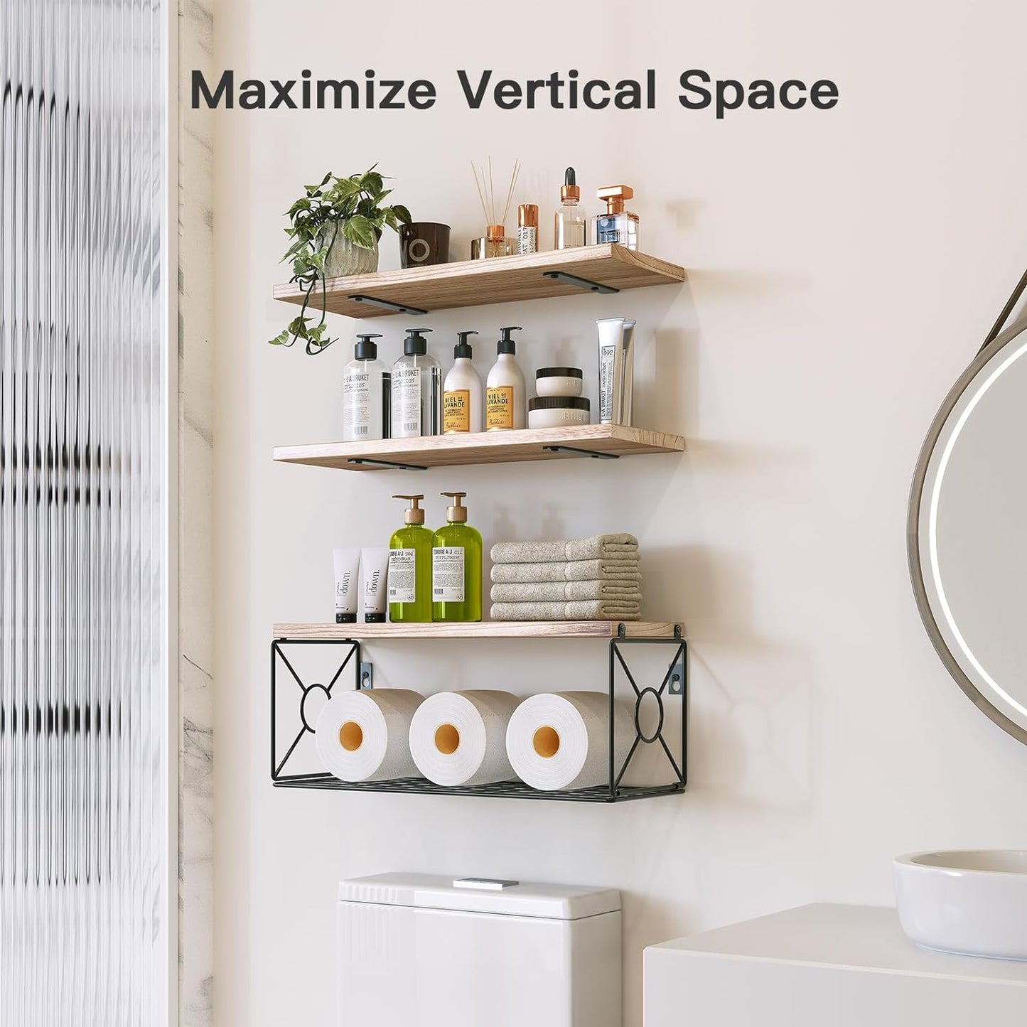 Amada Bathroom Shelves over Toilet with Storage Basket, Floating Shelves Wall Shelves for Home Organization & Wall Decor, Bathroom/Kitchen/Living Room Shelves–Natural Wood