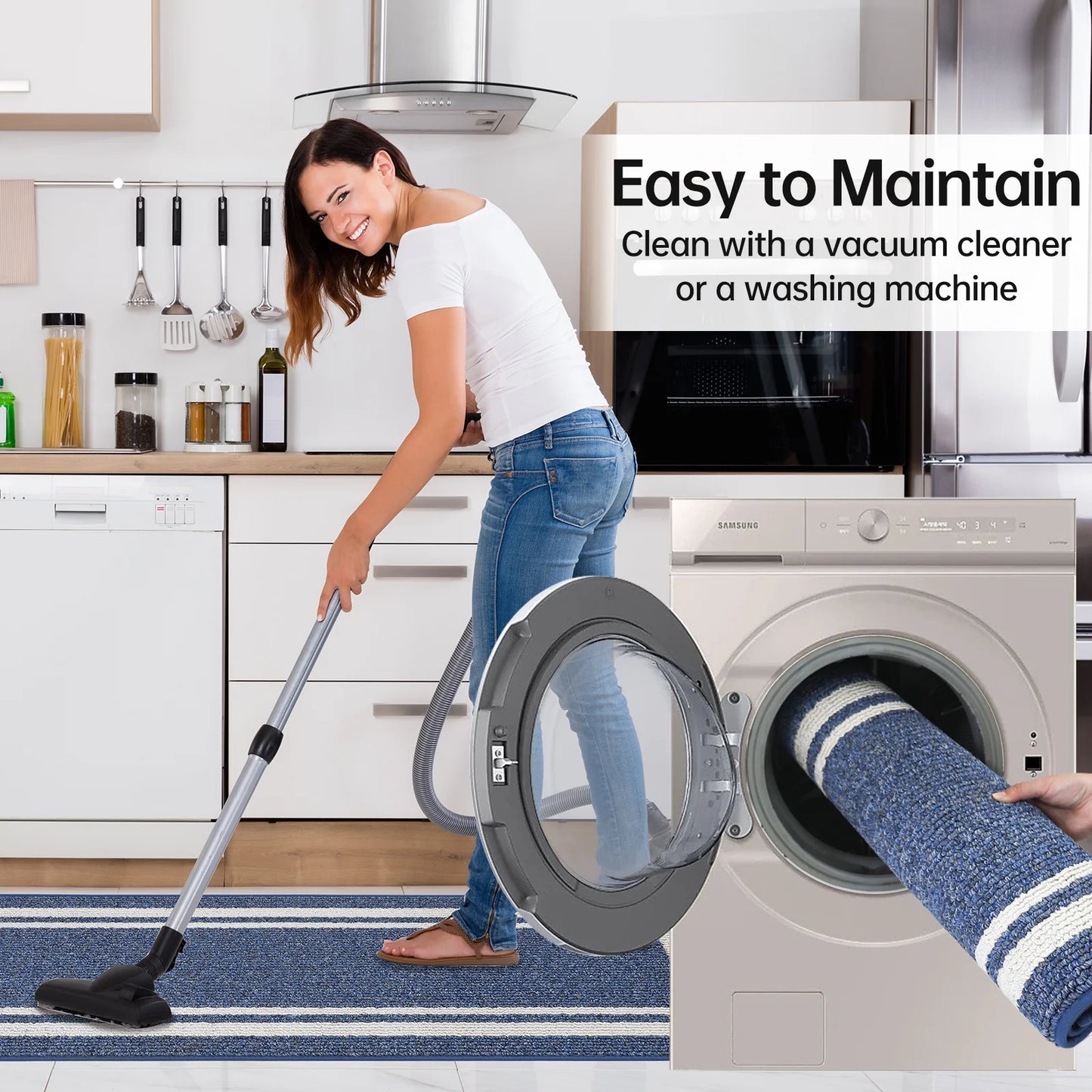 Kitchen Rugs and Mats 2 Pieces, 24"X35"+24"X60", Stain-Resistant and Absorbent Kitchen Mats Non-Slip, Machine Washable Kitchen Floor Mat, Rugs for Kitchen, Floor and Home, Blue