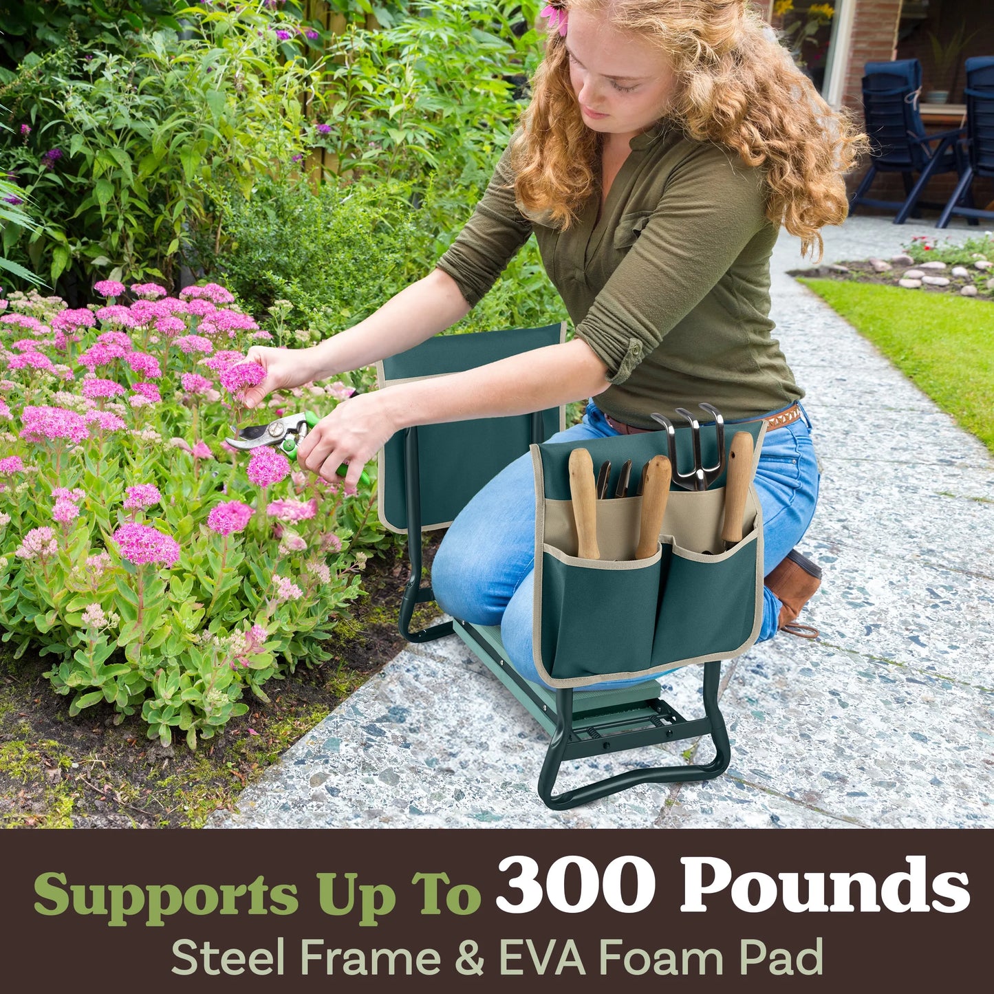 2-In-1 Garden Kneeler & Stool โ Folding Bench with EVA Pad & Tool Pouches, Green/Tan