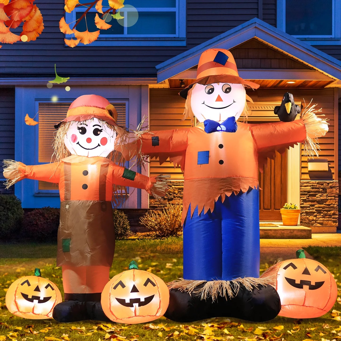 6FT Long Thanksgiving Harvest Inflatable Boy & Girl Scarecrow Outdoor Decoration,Build-In LED Lights Holiday Blow up Yard Decoration for Fall/Thankgiving Party,Garden Yard Lawn Decor