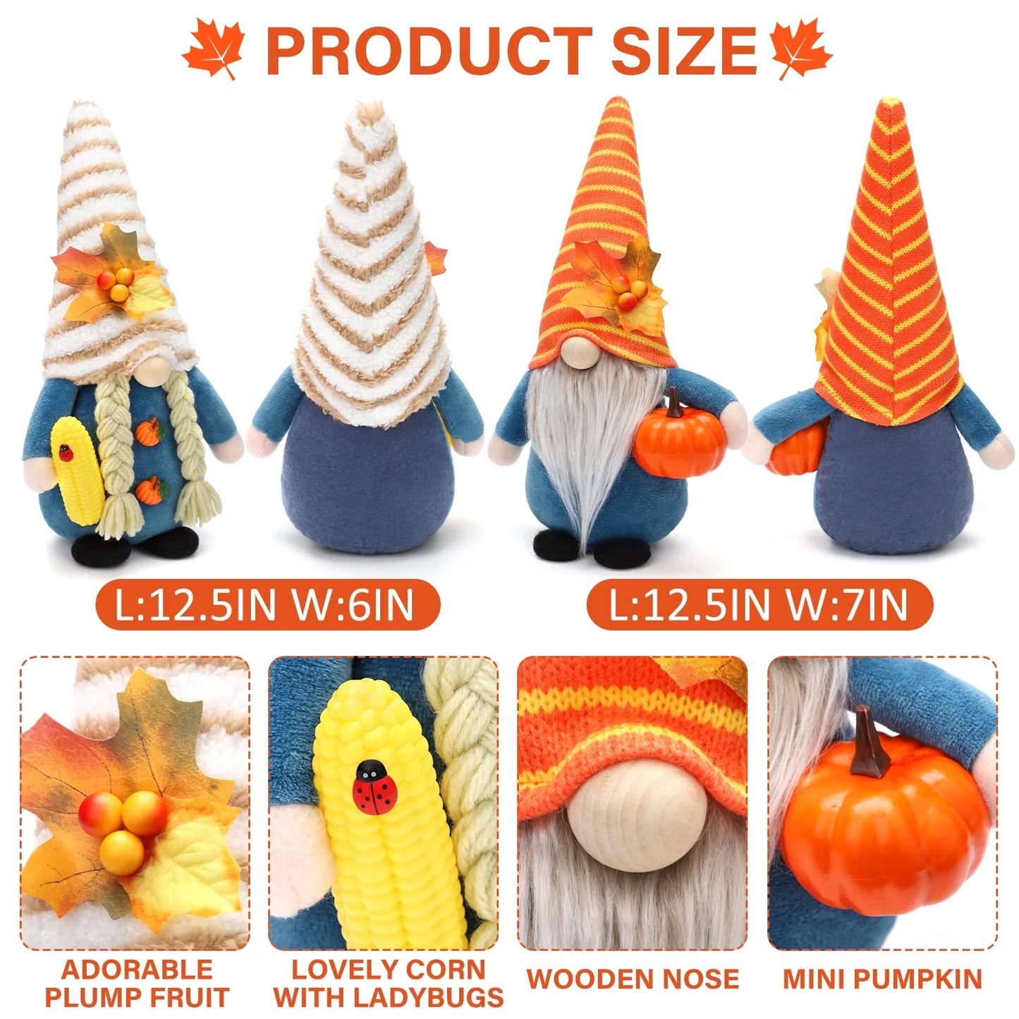 Thanksgiving Gnome Decorations, 2Pack Handmade Fall Harvest Gnome Plush Swedish Gnomes Ornaments with Pumpkin Corn Maple Leaves Thanksgiving Gifts Autumn Holiday Decorations