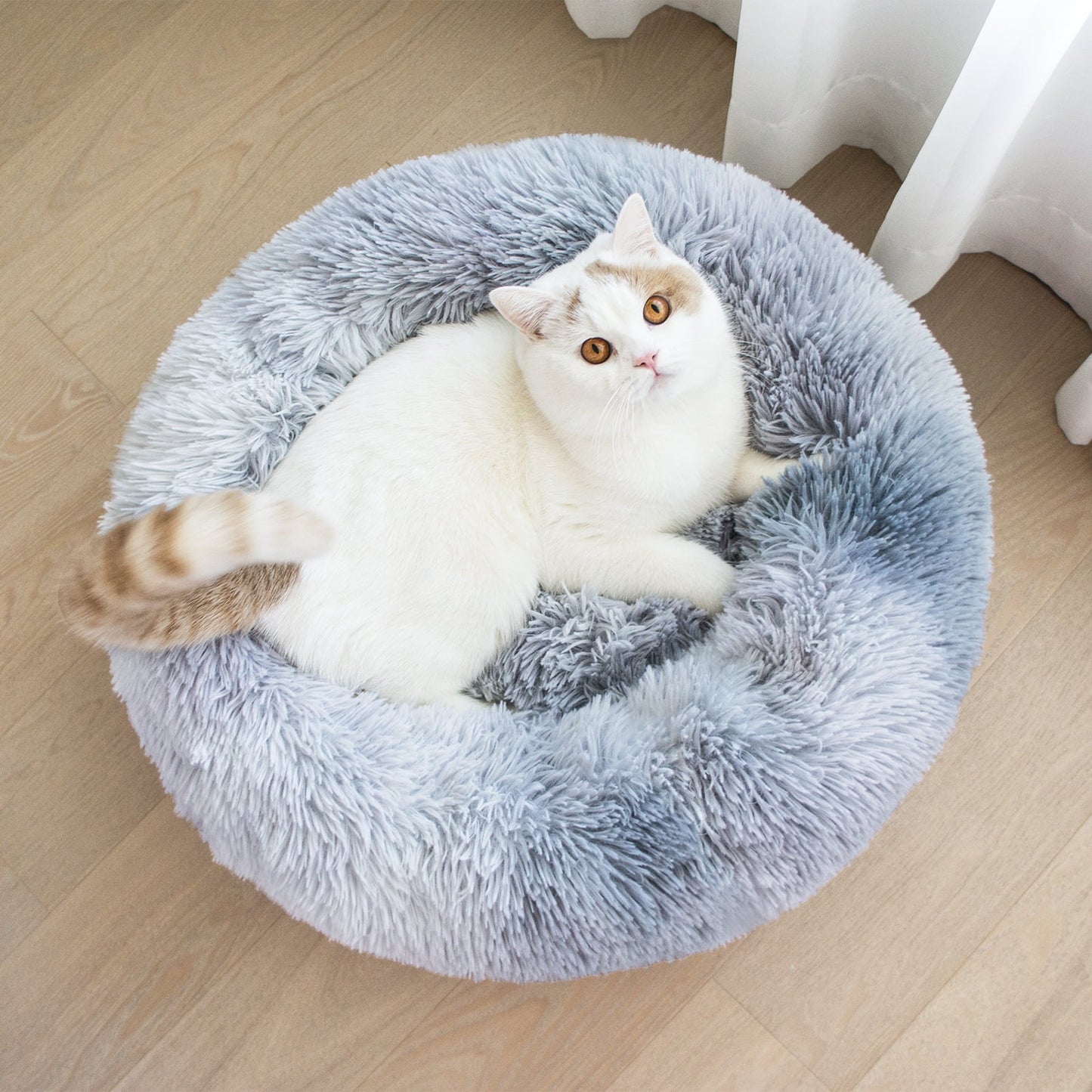 Calming Donut Pet Bed for Small Dogs 20", Anti-Anxiety Plush Cozy Warming Dog Bed, Grey