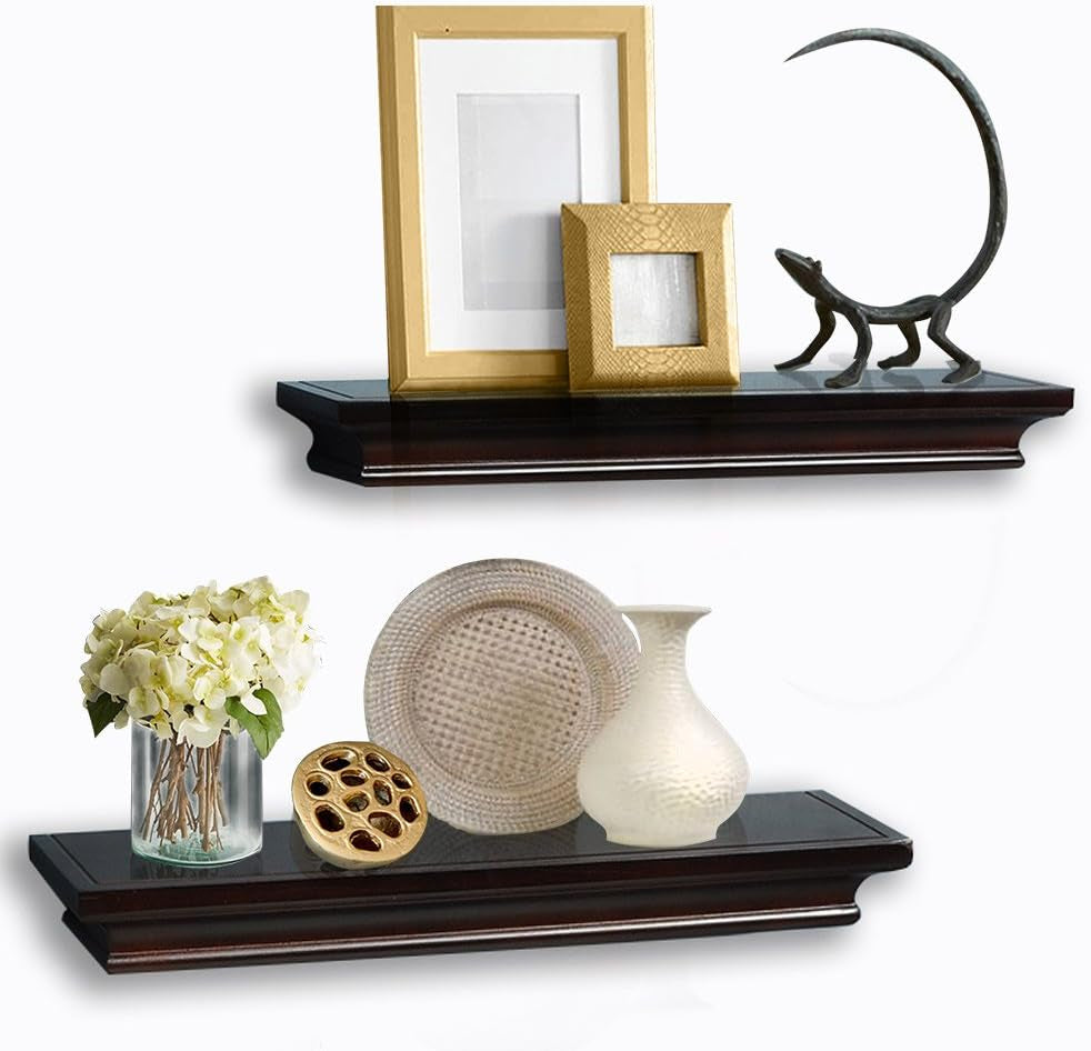 Elegant Floating Shelves, Decorative Wall Shelves for Home Organization and Display in Bedroom, Kitchen, Livingroom and Office, Espresso Brown, Set of 2