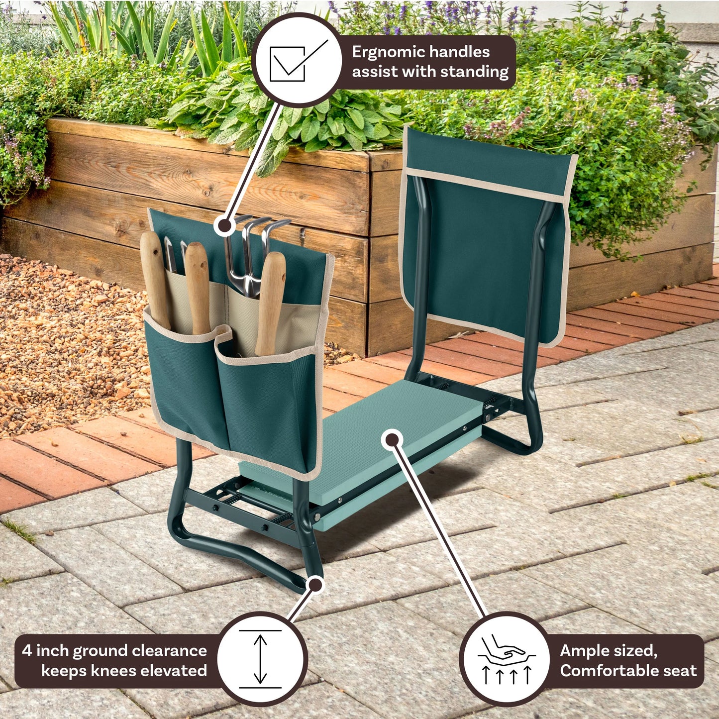 2-In-1 Garden Kneeler & Stool โ Folding Bench with EVA Pad & Tool Pouches, Green/Tan