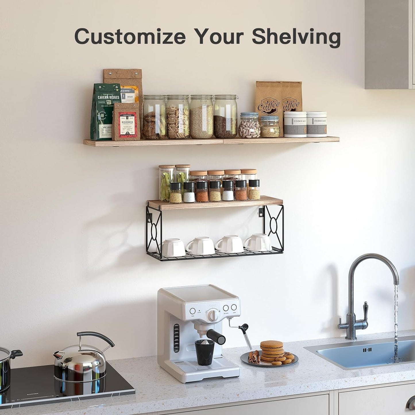 Amada Bathroom Shelves over Toilet with Storage Basket, Floating Shelves Wall Shelves for Home Organization & Wall Decor, Bathroom/Kitchen/Living Room Shelves–Natural Wood