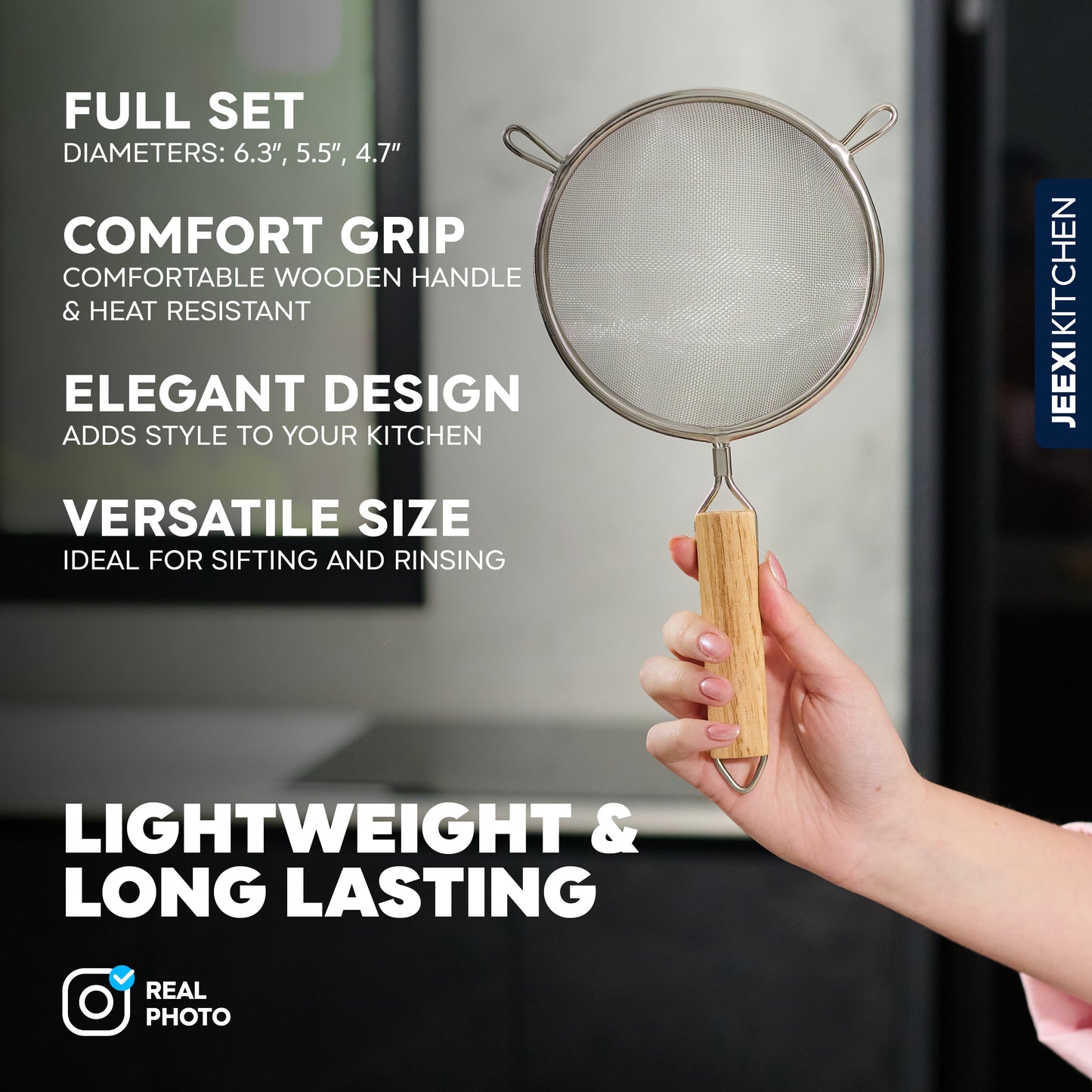 Set of 3 Premium Strainers - Sieve Mesh Extra Fine Stainless Steel Strainers, Wooden Handles, Ideal to Strain Pasta, Quinoa and Rice