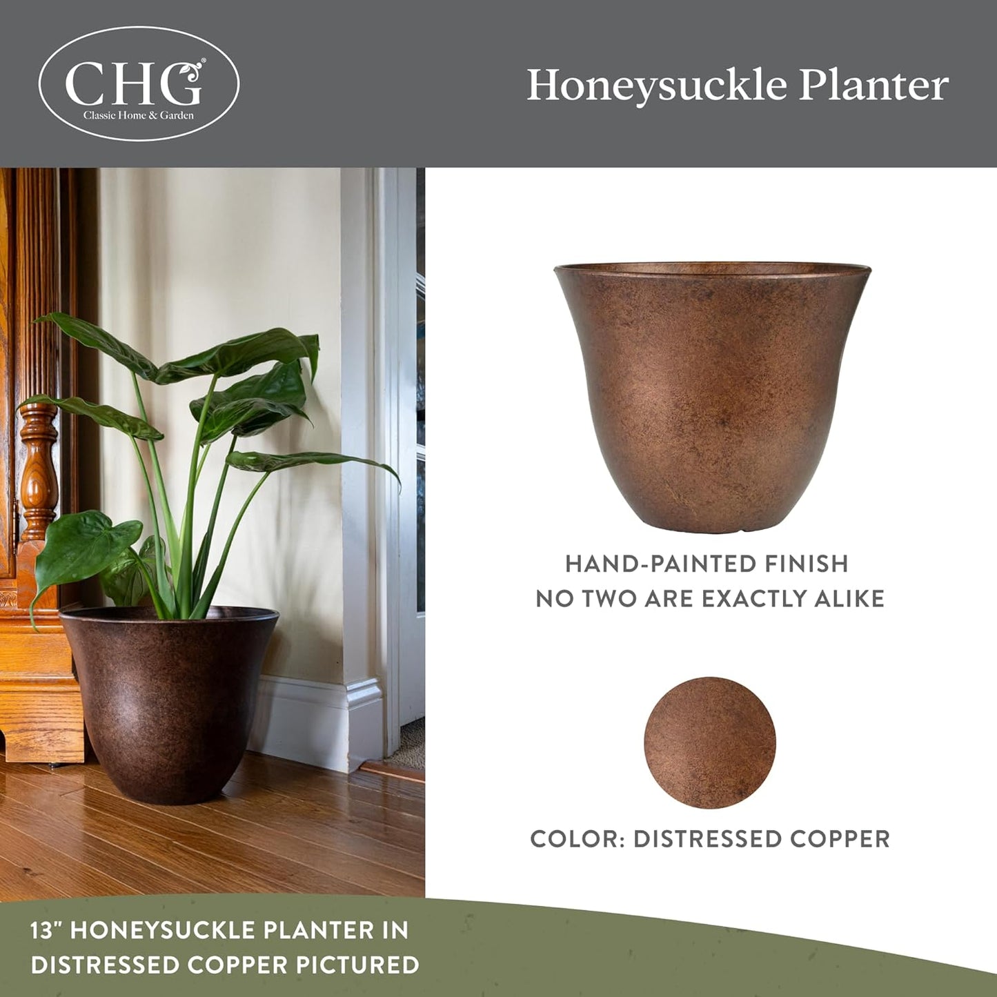 Honeysuckle Resin Planters - Lightweight Indoor & Outdoor Plant Pots - Uv-Resistant Plastic Flower Pots - Pot Planters for Flowers & Herbs (15" Distressed Copper)